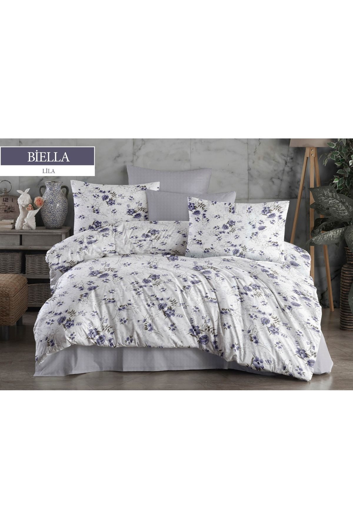 JOLLY HOME Lila & Çiçek Desenli Çift Kişilik Nevresim Takımı - 4 Parça Hediyelik Set