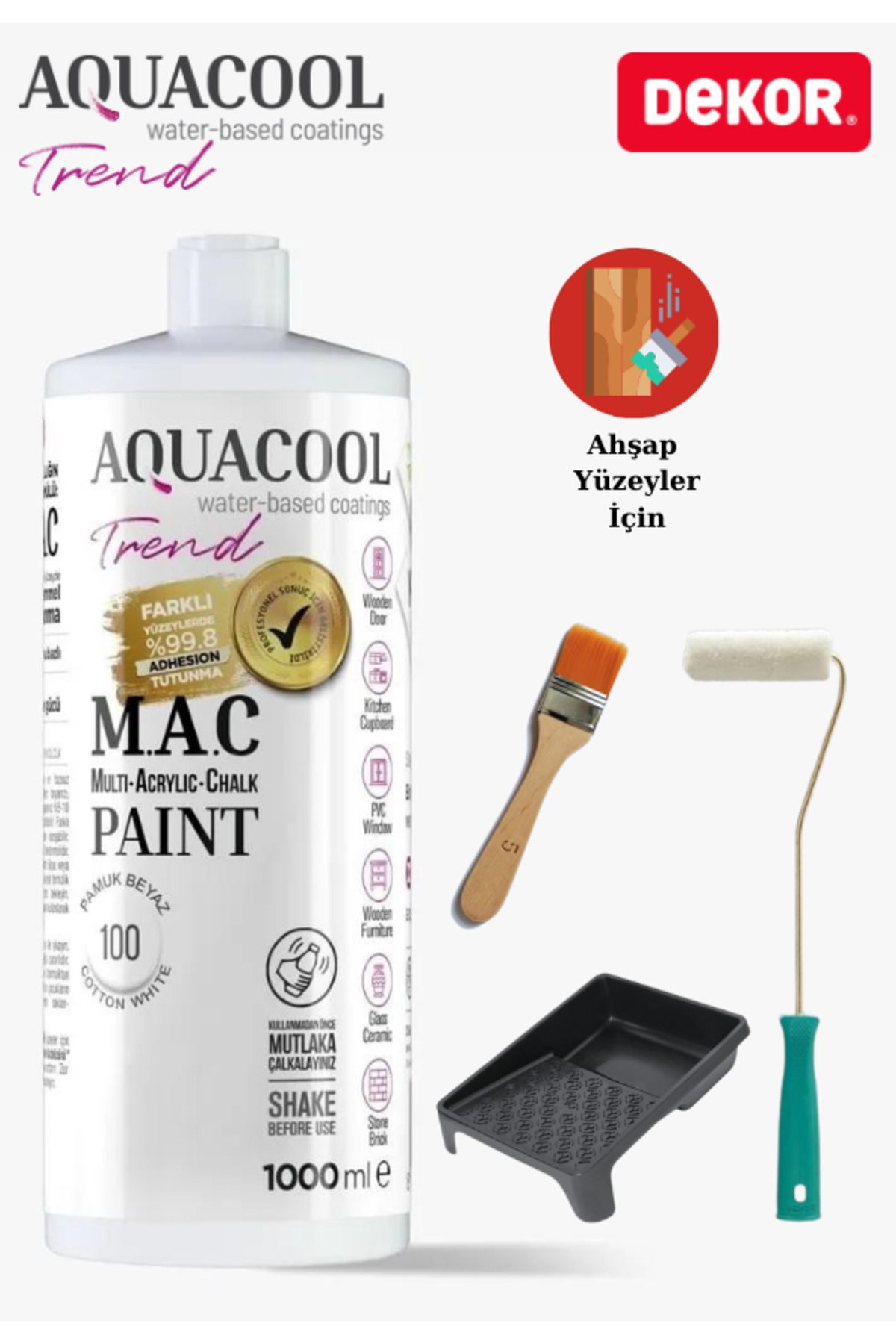Aquacool Trend Aquacool 1000 ml Ahşap Dönüşüm Boyama Seti Kadife Rulo, Boyacı Tavası, Fırça Pamuk Beyaz Dolap Boya