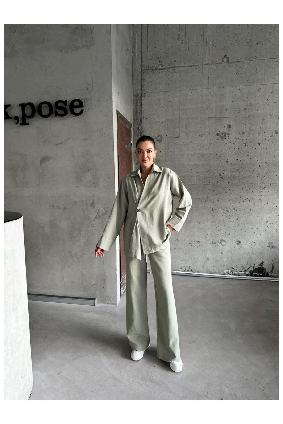 My Blog Haki %100 Pamuk Kruvaze Kapama Tek Düğmeli Kimono Pantolon Takım - 8351