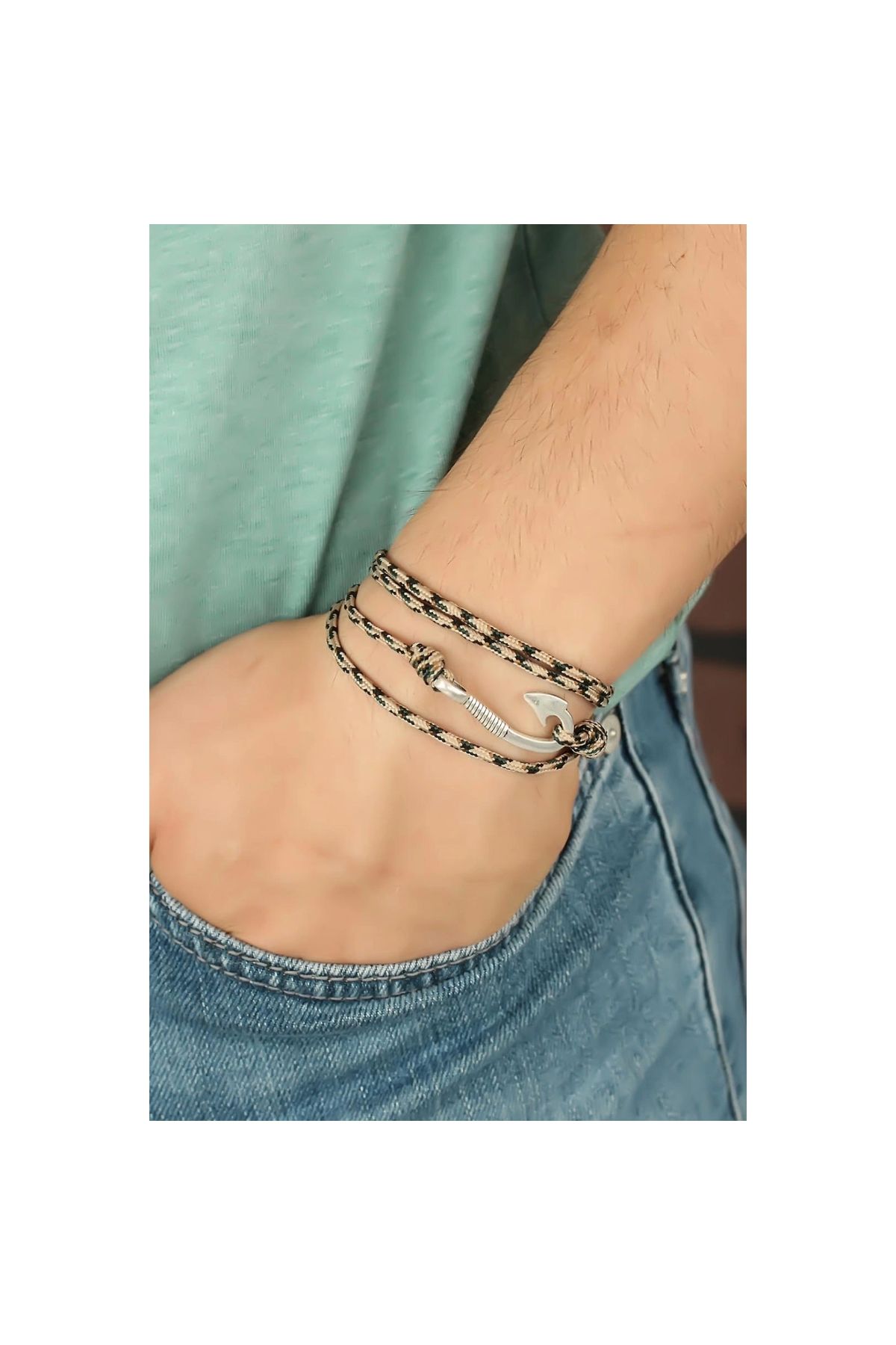 Narnuga Krem Renk Çizgi Desenli Metal Kancalı Erkek Bileklik - TJ-EB2244-KS