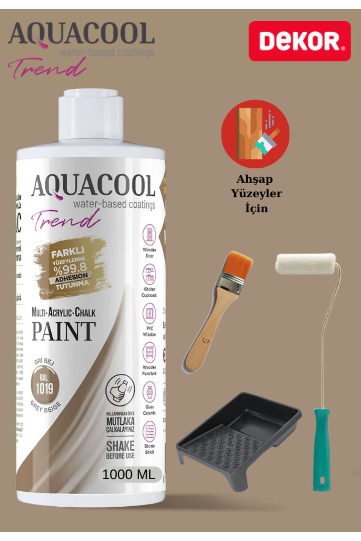 Aquacool Trend Aquacool 1000 ml Ahşap Dönüşüm Boyama Seti Kadife Rulo, Boyacı Tavası, Fırça Ral 1013 Dolap Boyası