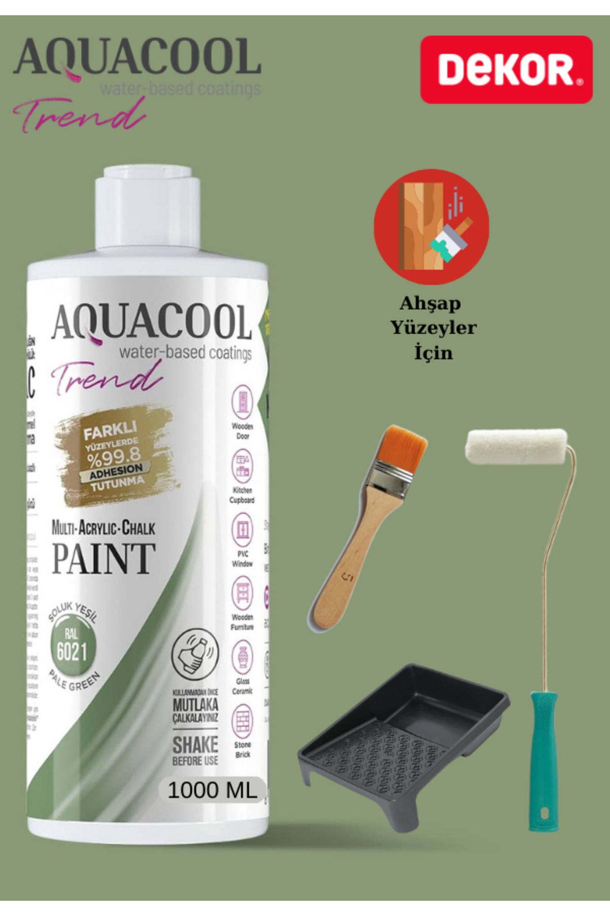 Aquacool Trend Aquacool 1000 ml Ahşap Dönüşüm Boyama Seti Kadife Rulo, Boyacı Tavası, Fırça Ral 1019 Dolap Boyası