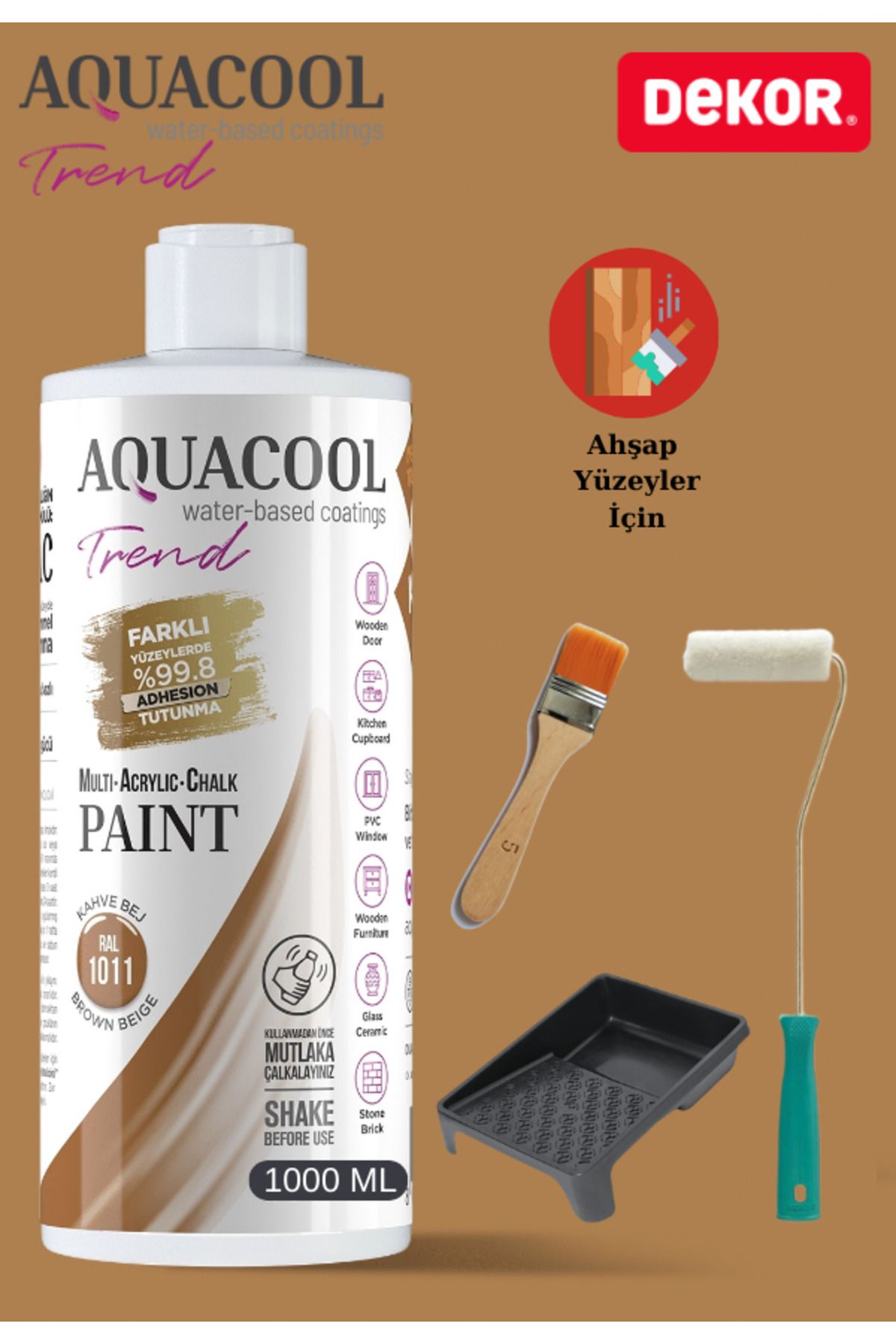 Aquacool Trend Aquacool 1000 ml Ahşap Dönüşüm Boyama Seti Kadife Rulo, Boyacı Tavası, Fırça Ral 1011 Dolap Boyası