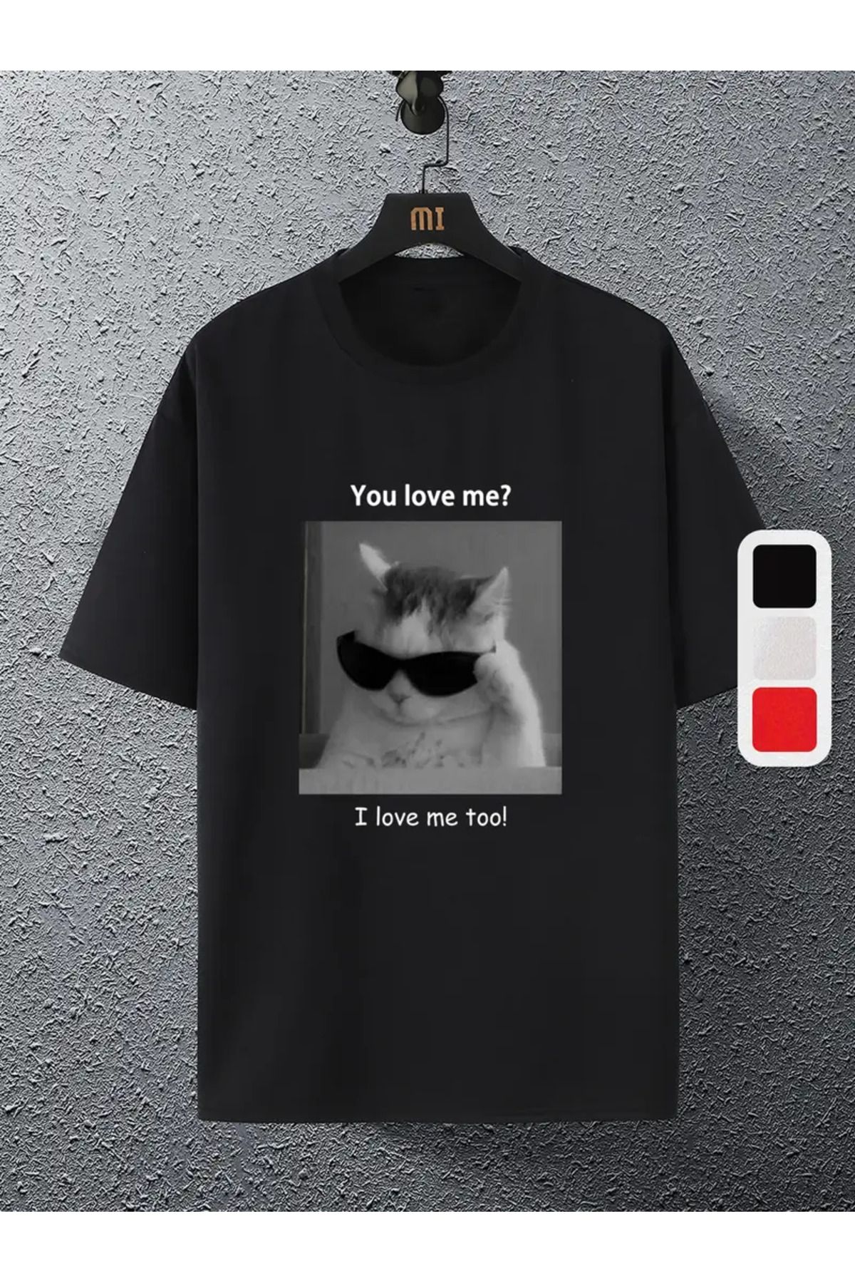 AEMİ Unisex You Love Me Cat Baskılı %100 Pamuk Oversize T-shirt