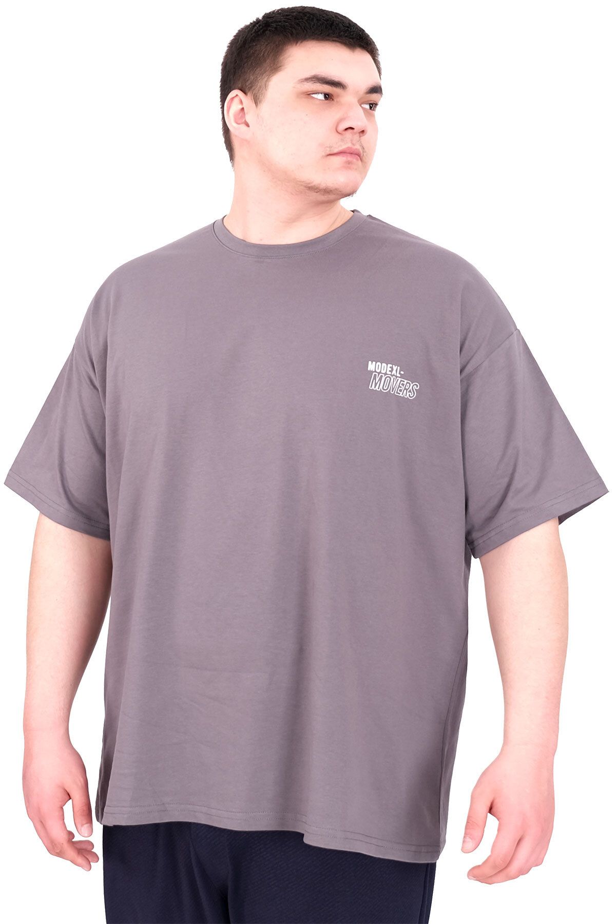 ModeXL Mode XL Büyük Beden Erkek T-Shirt Bisiklet Yaka FAITH U25030 Füme