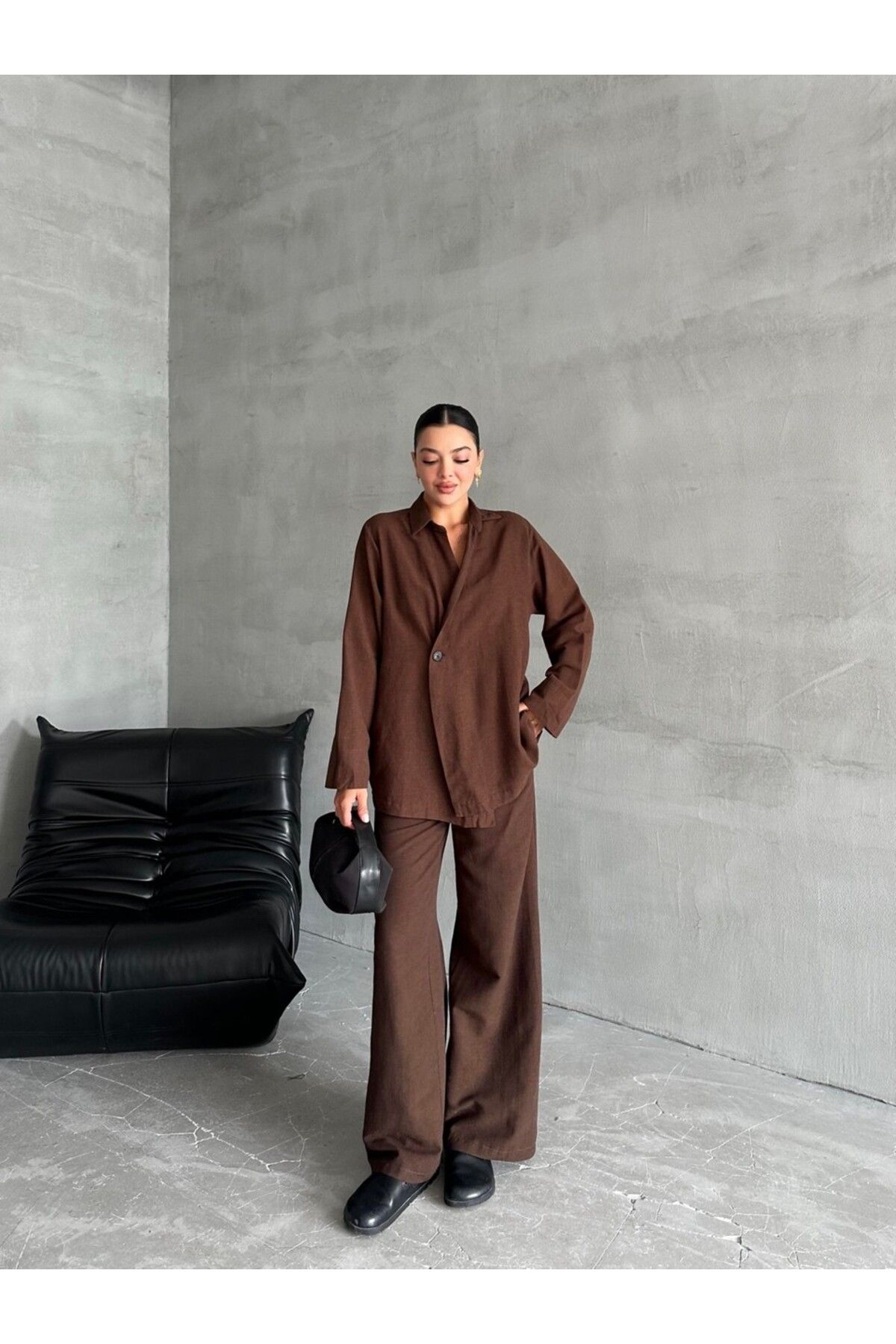 My Blog Kahverengi %100 Pamuk Kruvaze Kapama Tek Düğmeli Kimono Pantolon Takım - 8351