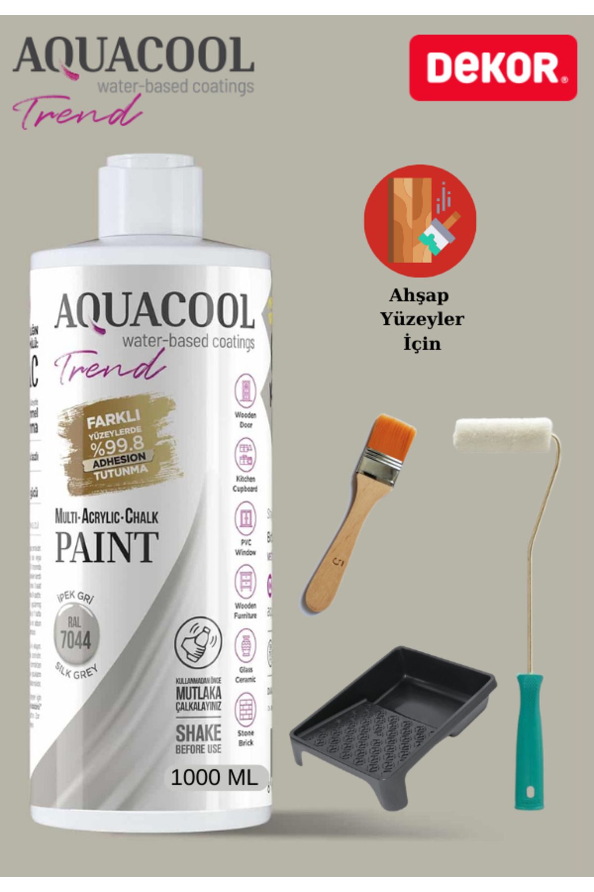 Aquacool Trend Aquacool 1000 ml Ahşap Dönüşüm Boyama Seti Kadife Rulo, Boyacı Tavası, Fırça Ral 7040 Dolap Boyası