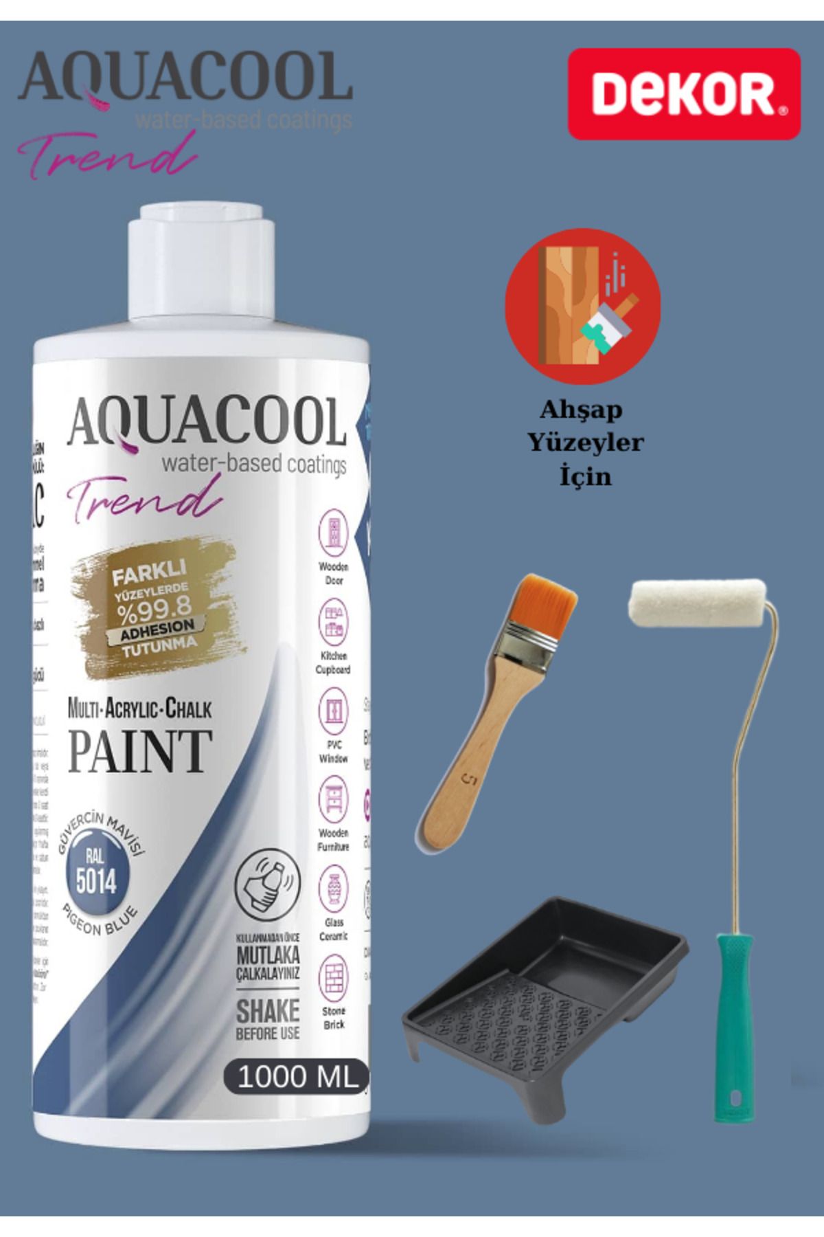 Aquacool Trend Aquacool 1000 ml Ahşap Dönüşüm Boyama Seti Kadife Rulo, Boyacı Tavası, Fırça Ral 5014 Dolap Boyası