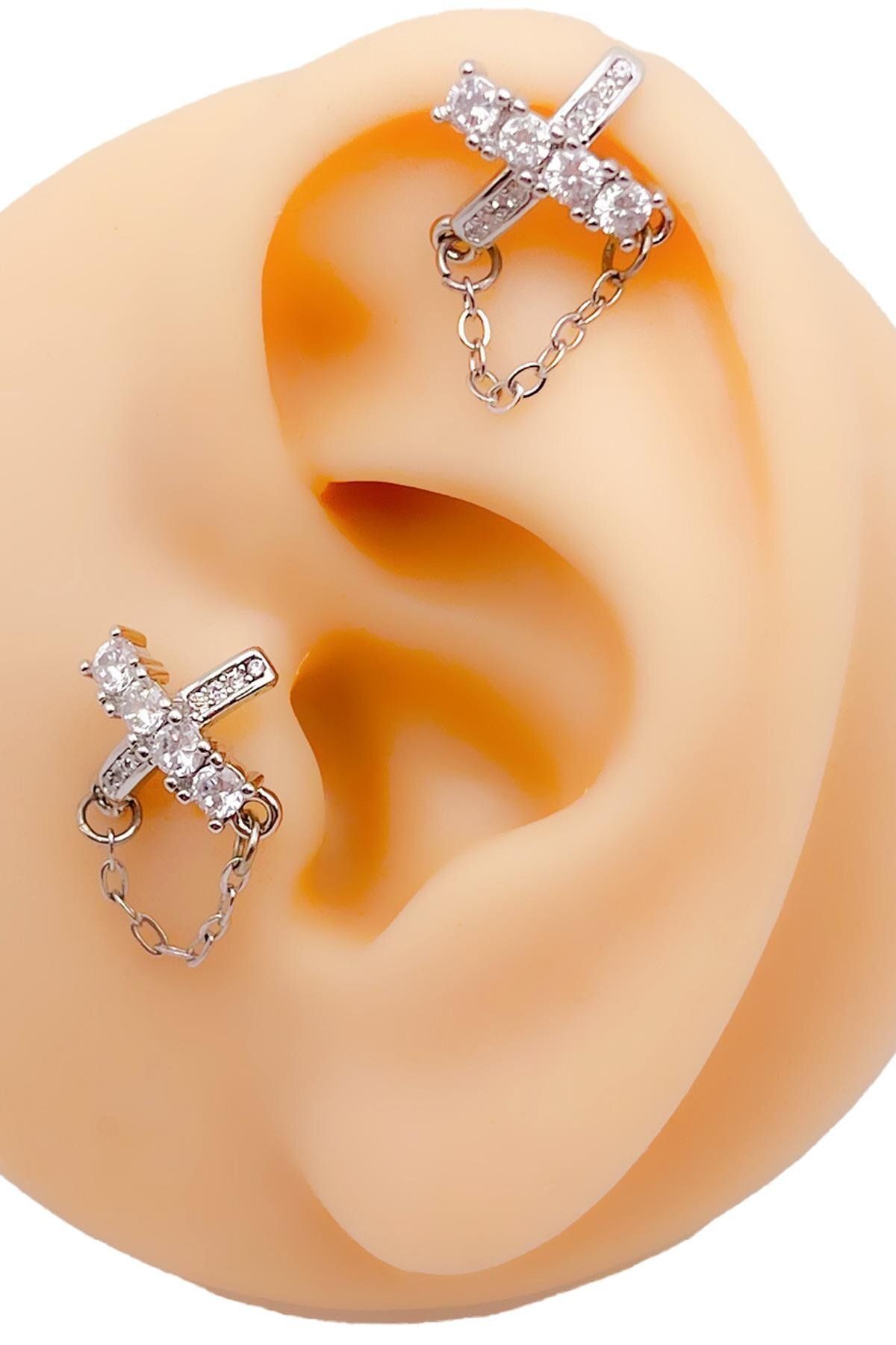Trinos Cerrrahi Çelik Piercing (Pirsing) Zirkon Taşlı Marka Model X Tragus Helix Piercing (1adet)