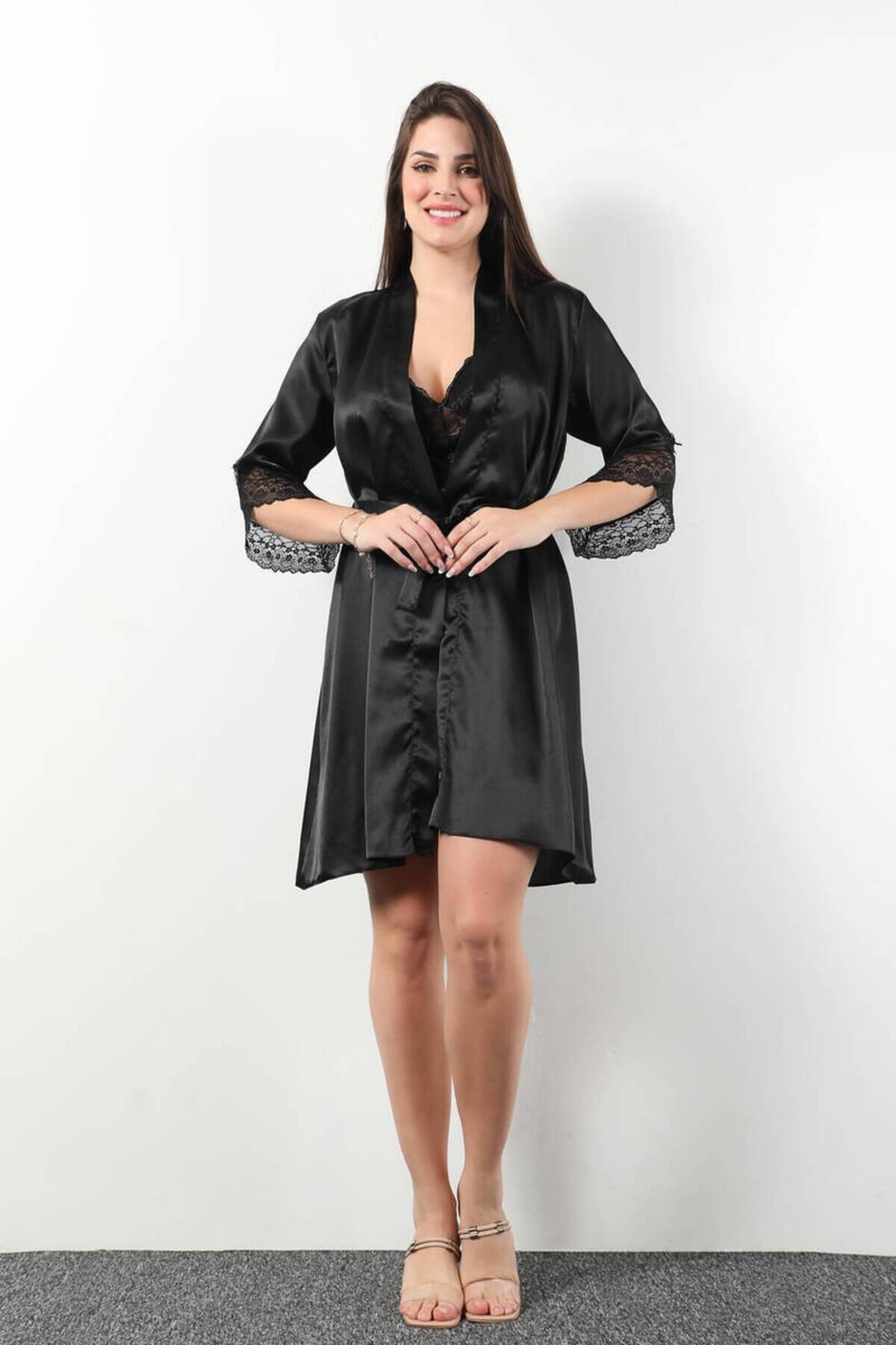 Pierre Cardin Kadın Saten Dantelli Gecelik Sabahlık Takım