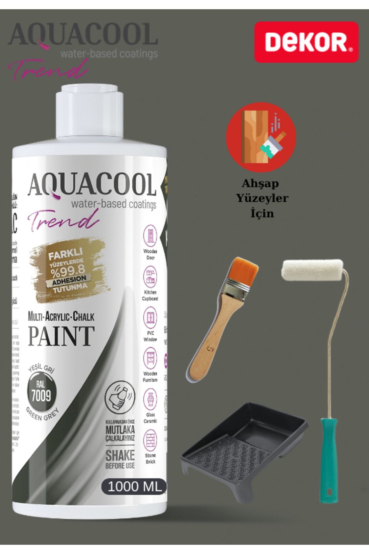 Aquacool Trend Aquacool 1000 ml Ahşap Dönüşüm Boyama Seti Kadife Rulo, Boyacı Tavası, Fırça Ral 7009 Dolap Boyası