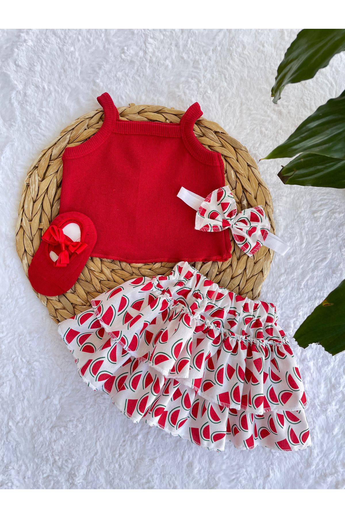 AKİF GİYİM KIZ BEBEK & ÇOCUK MEYVE DESENLİ KARPUZLU FIRFIRLI ETEK CROP BANDANA ÇORAP TAKIMI