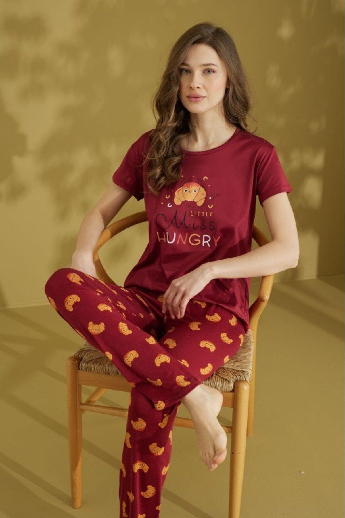 bie's Kadın Desenli Bisiklet Yaka Düğmesiz Pamuklu Yazlık Kısa Kol Pijama Takımı