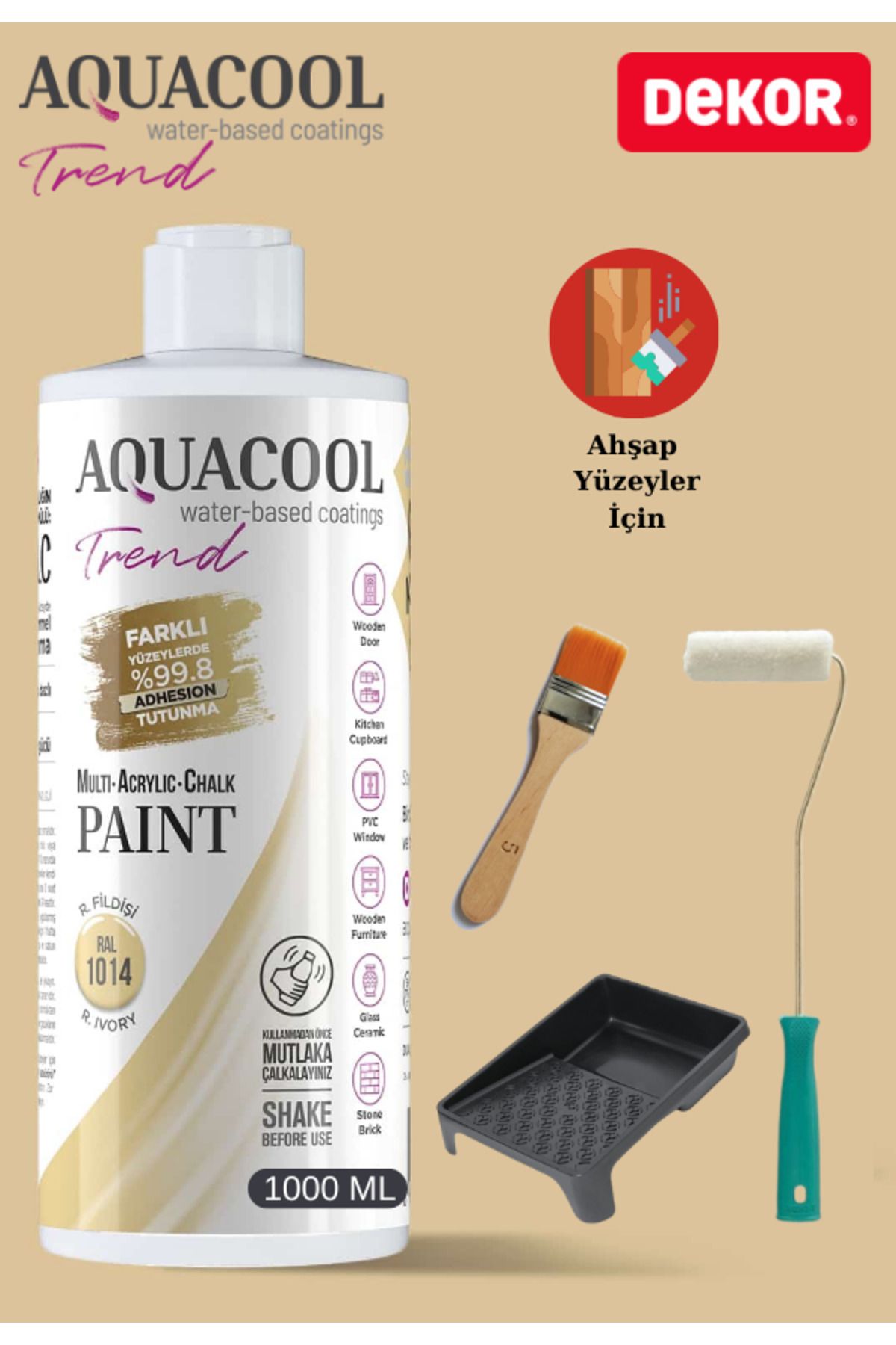 Aquacool Trend Aquacool 1000 ml Ahşap Dönüşüm Boyama Seti Kadife Rulo, Boyacı Tavası, Fırça Ral 1014 Dolap Boyası
