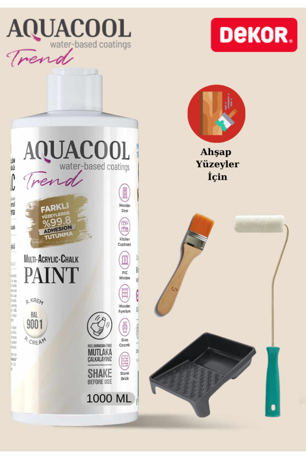 Aquacool Trend Aquacool 1000 ml Ahşap Dönüşüm Boyama Seti Kadife Rulo, Boyacı Tavası, Fırça Ral 9005 Dolap Boyası