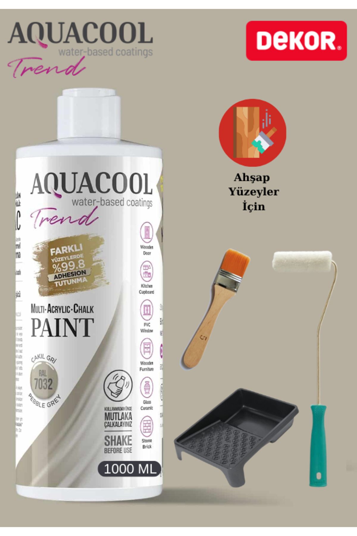 Aquacool Trend Aquacool 1000 ml Ahşap Dönüşüm Boyama Seti Kadife Rulo, Boyacı Tavası, Fırça Ral 7032 Dolap Boyası