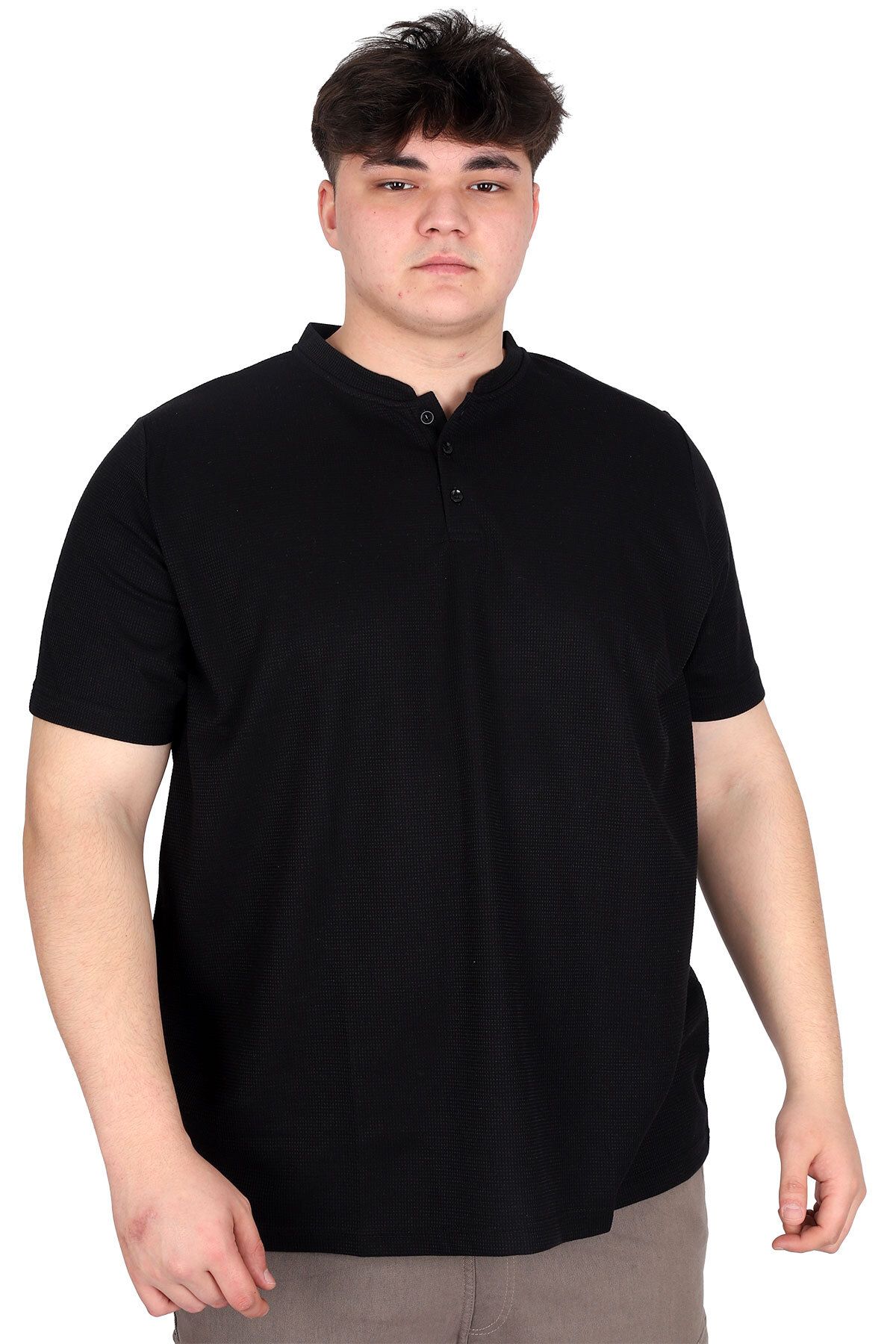 ModeXL Mode XL Büyük Beden Erkek Hakim Yaka Tişört Waffle U20036 Siyah
