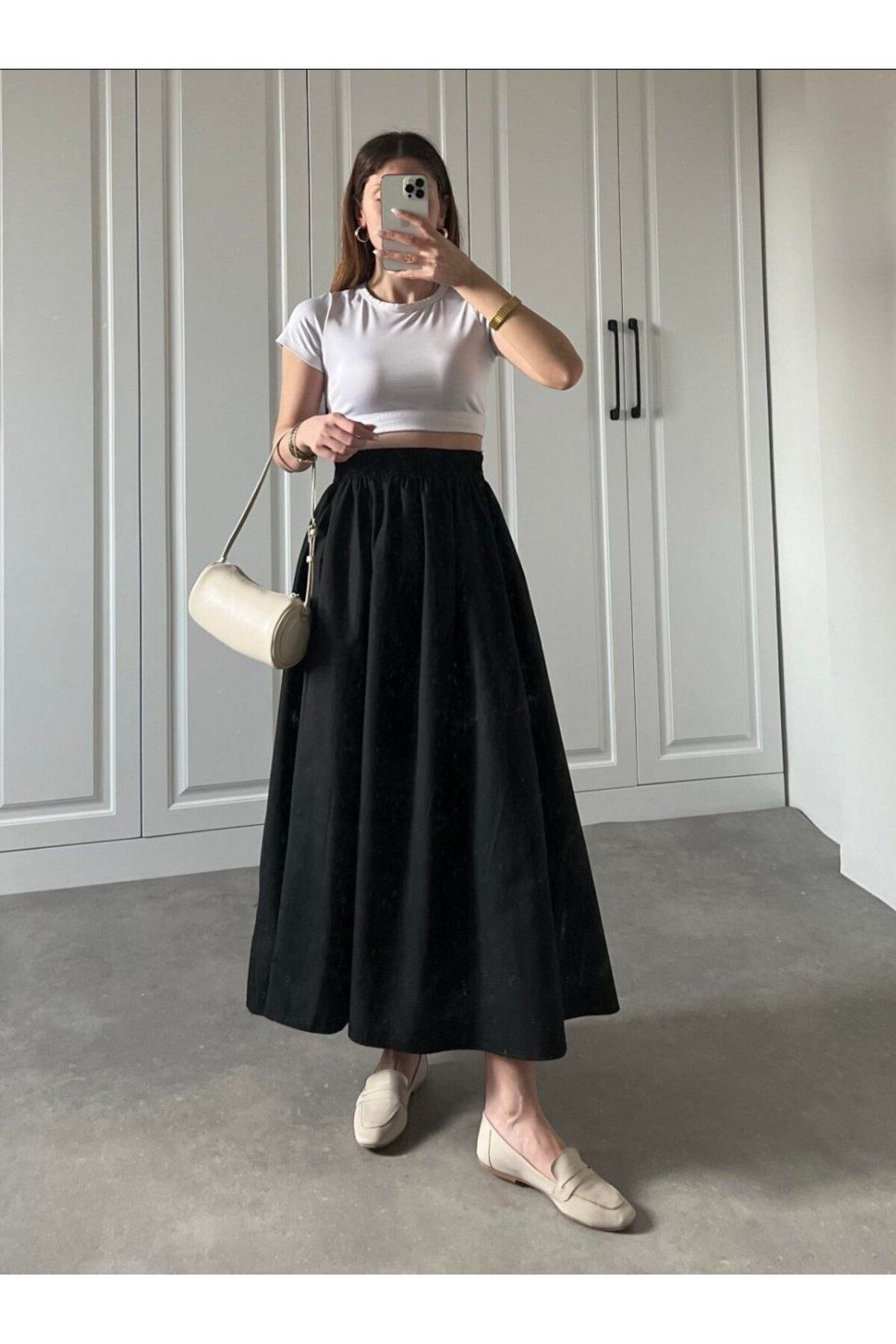 Lesa Wear Uzun Lastikli Günlük Etek Poplin Kumaş