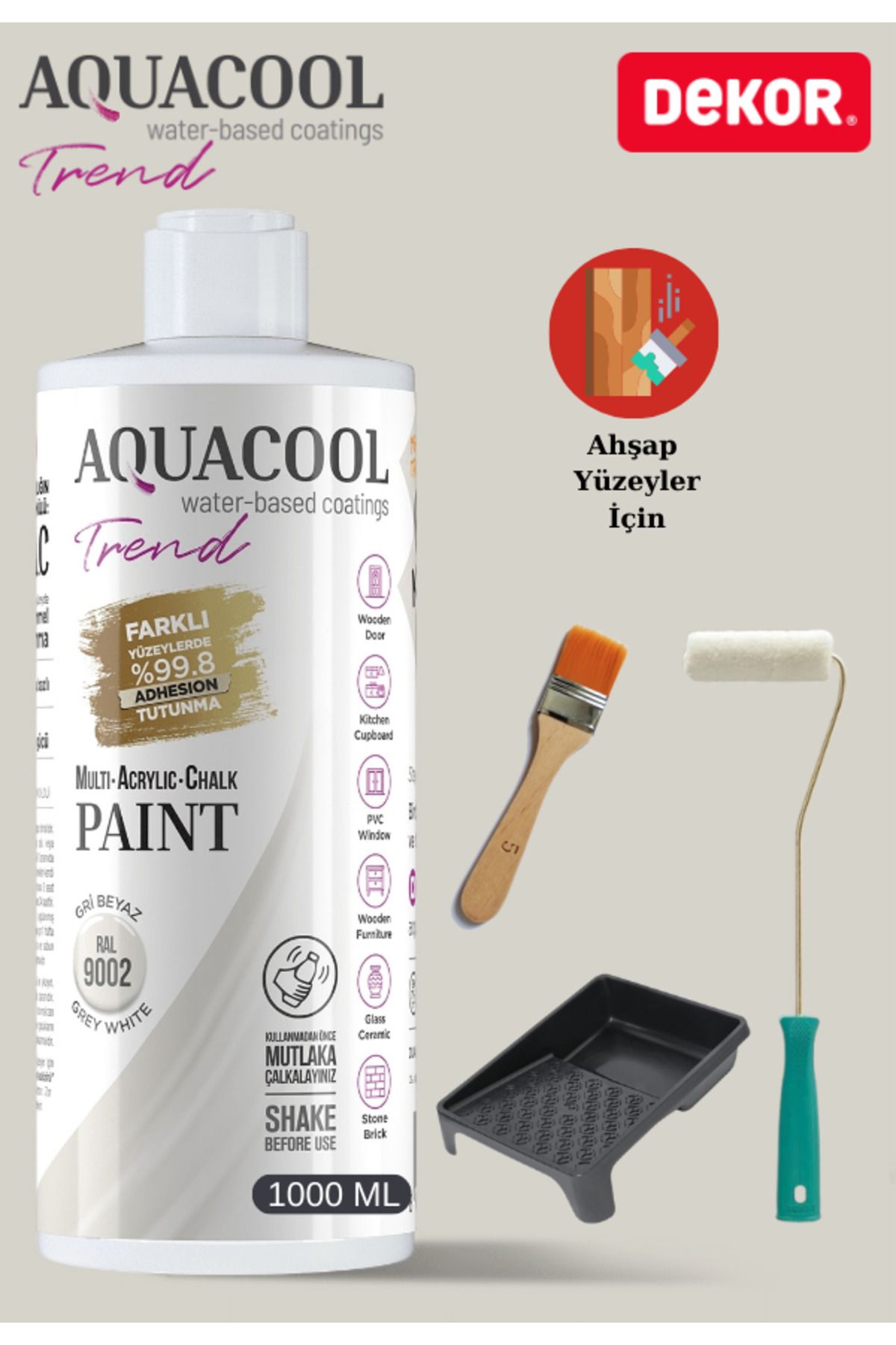Aquacool Trend Aquacool 1000 ml Ahşap Dönüşüm Boyama Seti Kadife Rulo, Boyacı Tavası, Fırça Ral 9002 Dolap Boyası
