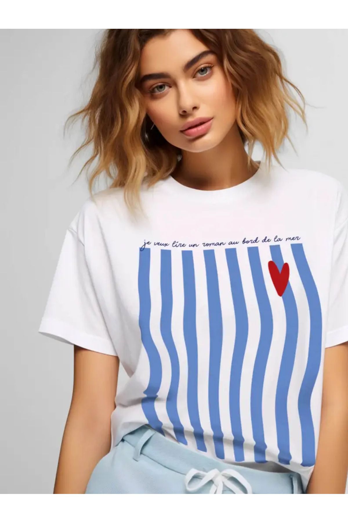 AEMİ Unisex Çizgili Baskılı %100 Pamuk Oversize T-shirt