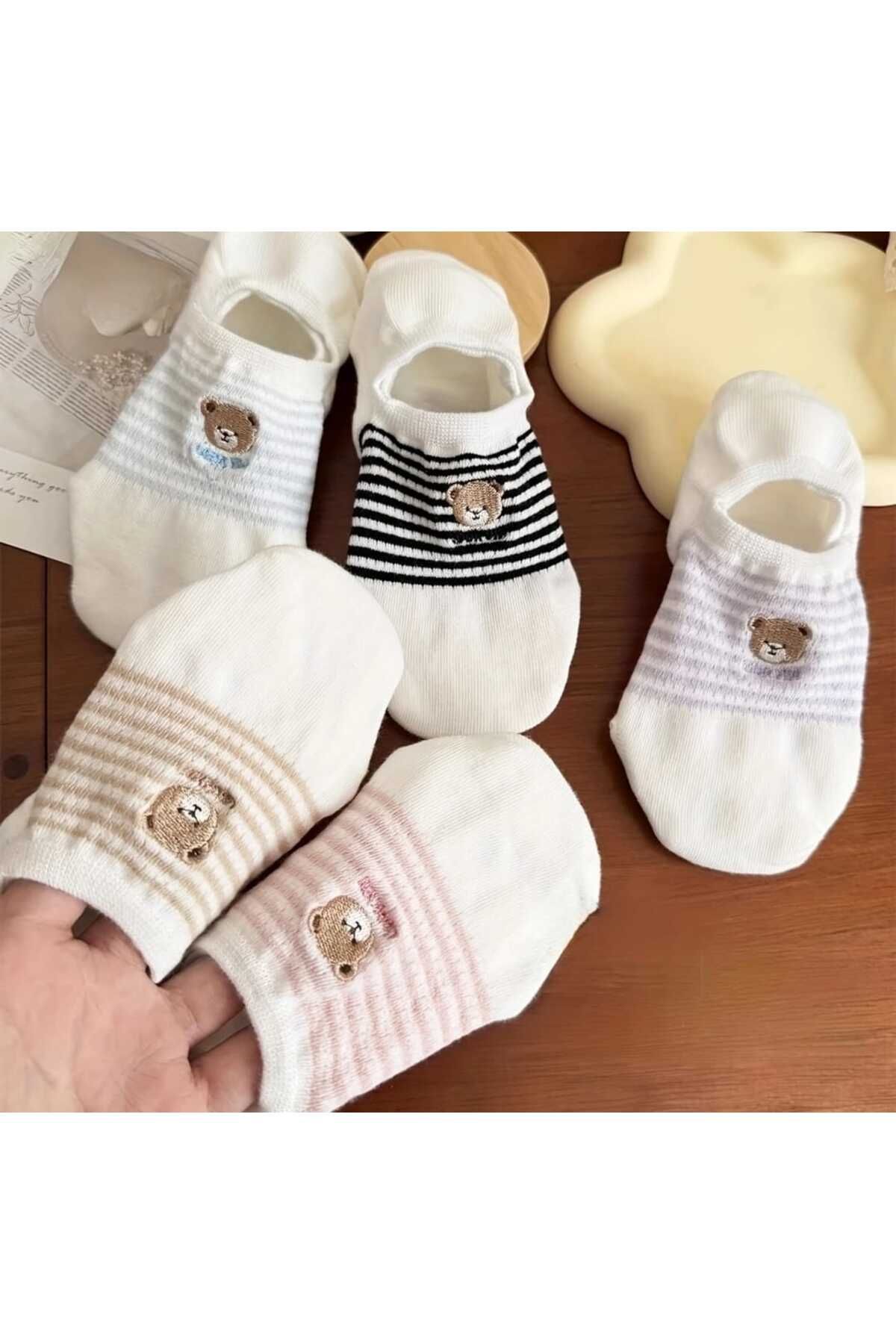 HTC SOCKS 5 Çift Kadın Beyaz Ayıcık Desen Babet Çorap Teddy Görünmez Çorap Terletmez Pamuklu