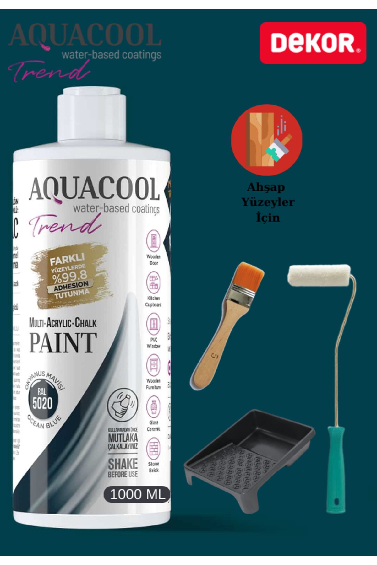 Aquacool Trend Aquacool 1000 ml Ahşap Dönüşüm Boyama Seti Kadife Rulo, Boyacı Tavası, Fırça Ral 5020 Dolap Boyası