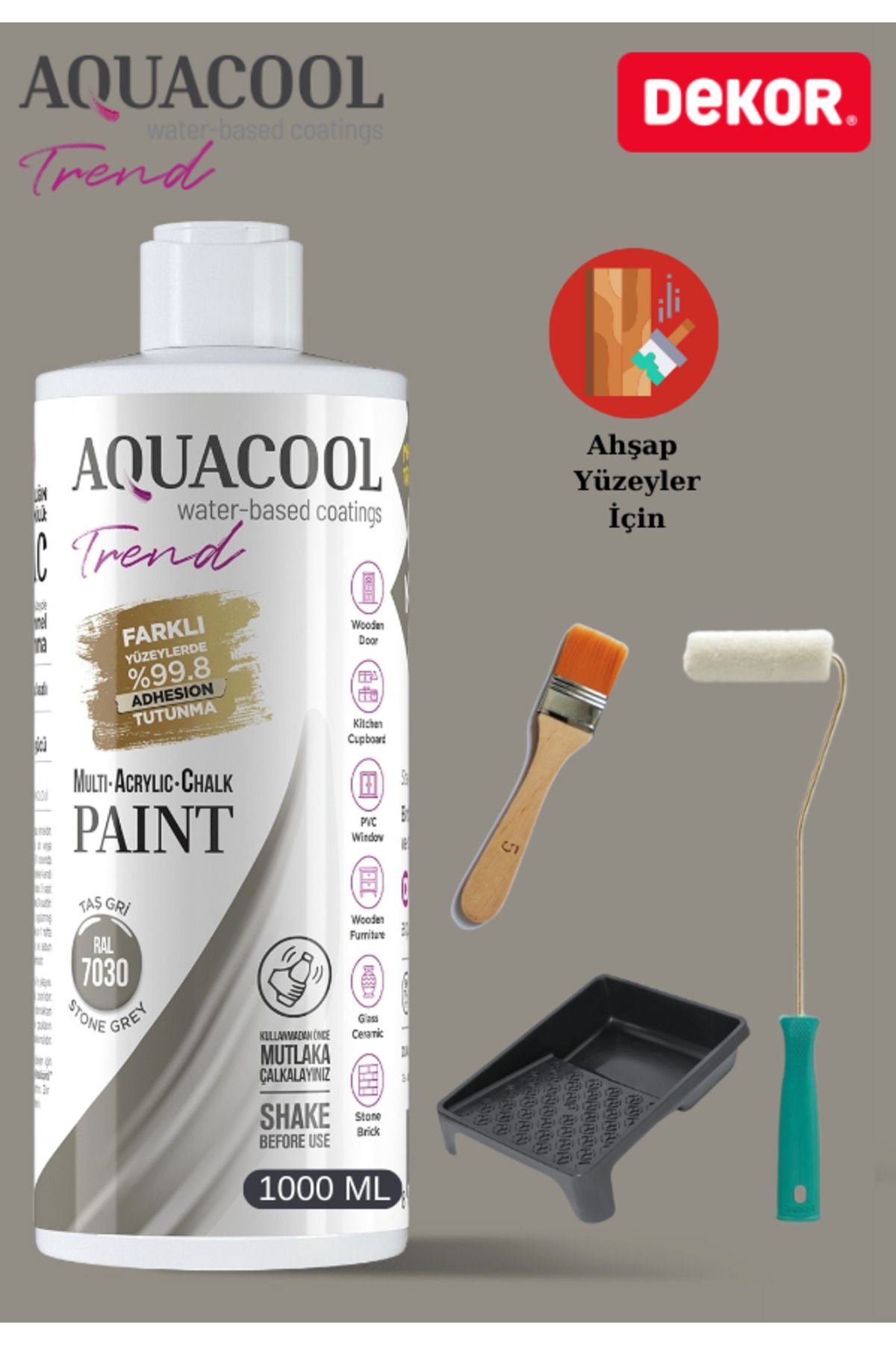 Aquacool Trend Aquacool 1000 ml Ahşap Dönüşüm Boyama Seti Kadife Rulo, Boyacı Tavası, Fırça Ral 7030 Dolap Boyası