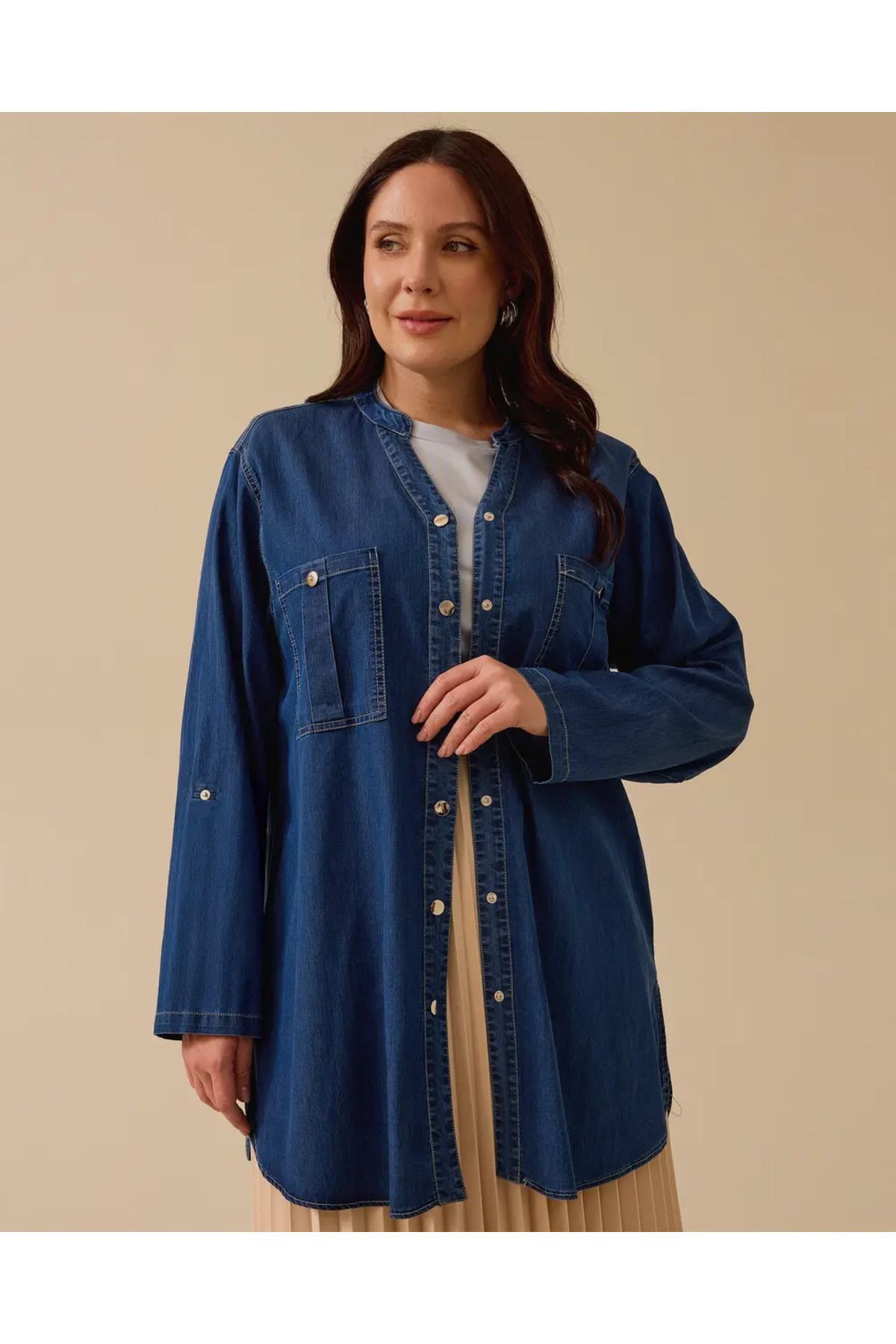 Gala-Xi Büyük Beden Katlanabilir Kollu Jean Tunik Gala-Xi