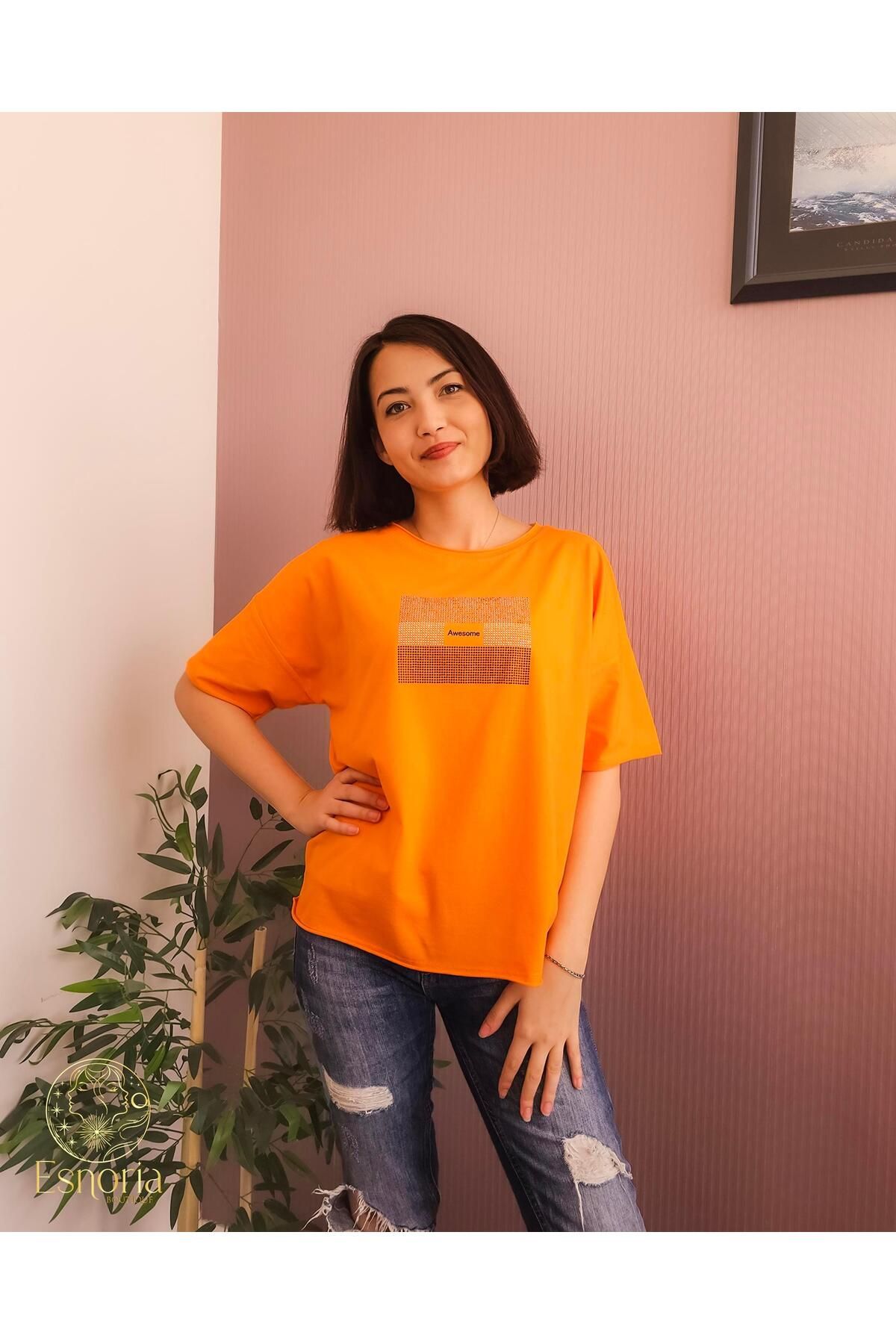 Esnoria Awesome Baskılı Pullu Tişört Turuncu