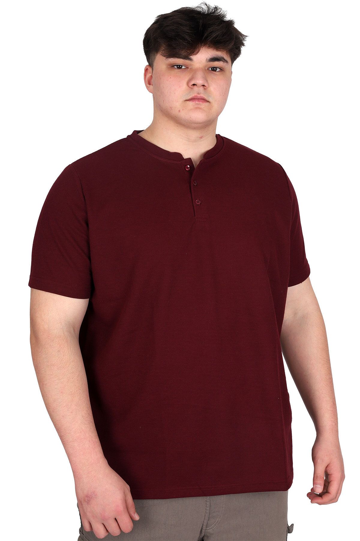 ModeXL Mode XL Büyük Beden Erkek Hakim Yaka Tişört Waffle U20036 Bordo