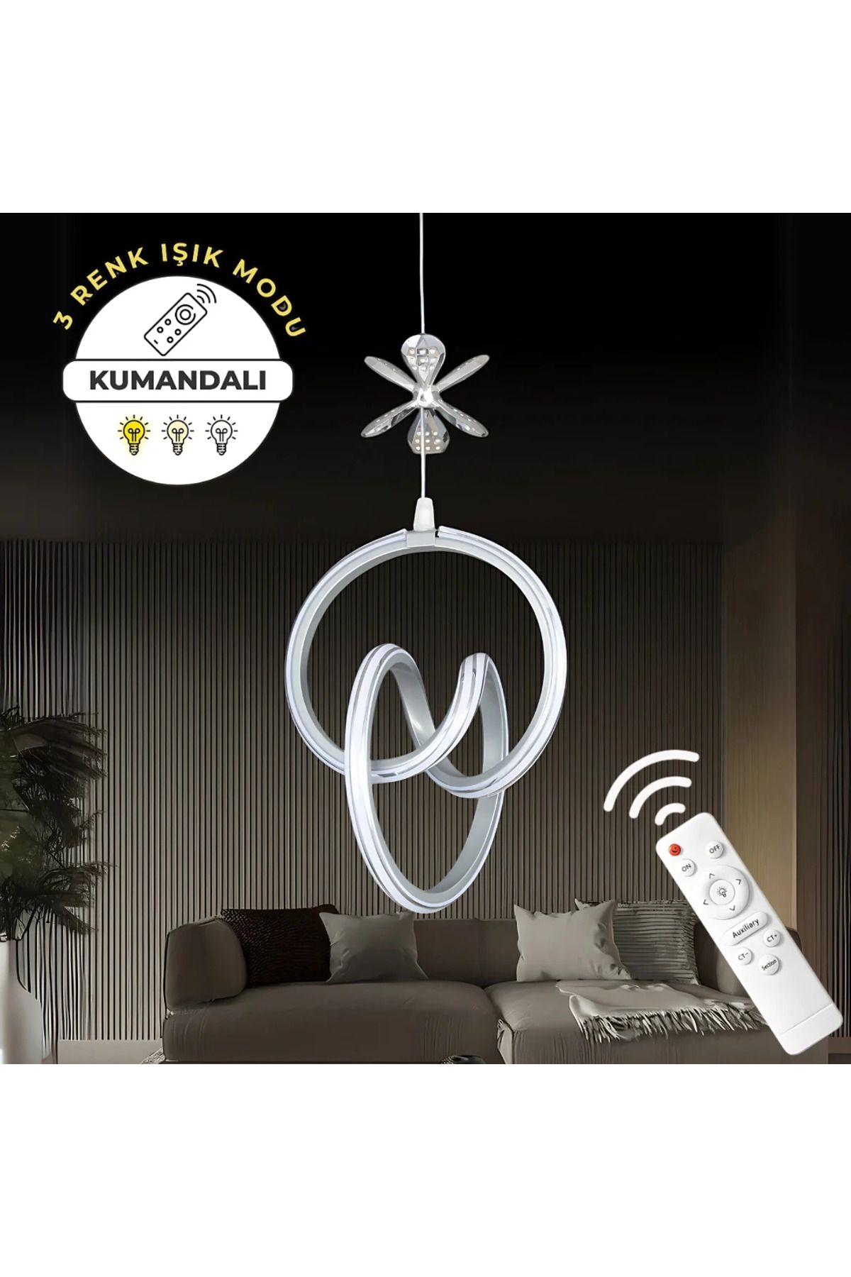 Elektroyou Yaren Gri Kumandalı 3 Renk Ledli Krom Çizgili Krom Kelebek Detaylı Sarkıt Ledli Dimmerli Avize