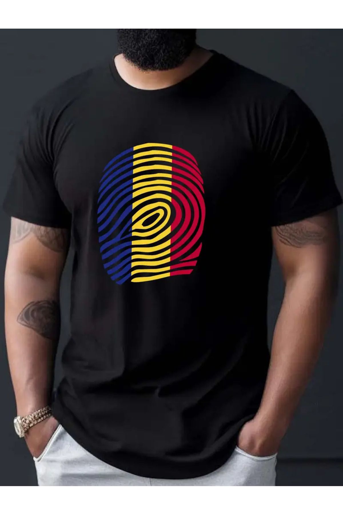 AEMİ Unisex Romania Bayrak Siyah Baskılı %100 Pamuk Oversize T-shirt