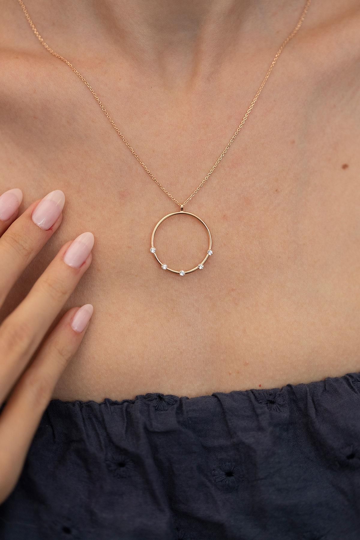 Ninova Silver Halka Model Beştaşlı Rose Kaplama Gümüş Crystal Kolye