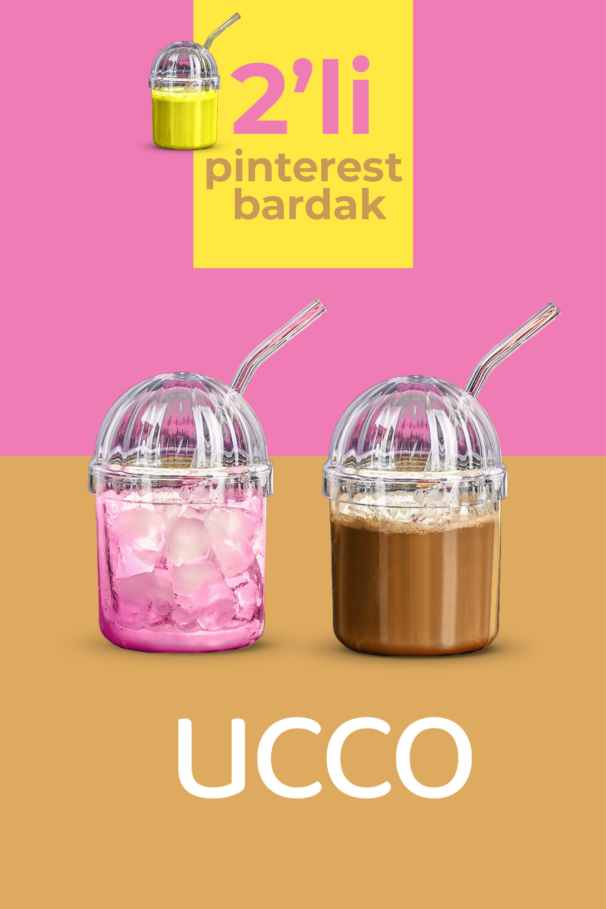 2-Piece Crystal Plastic Pinterest Glass, Coffee Lemonade Soft Drink Tea Cocktail Presentation Glass with Glass Straw