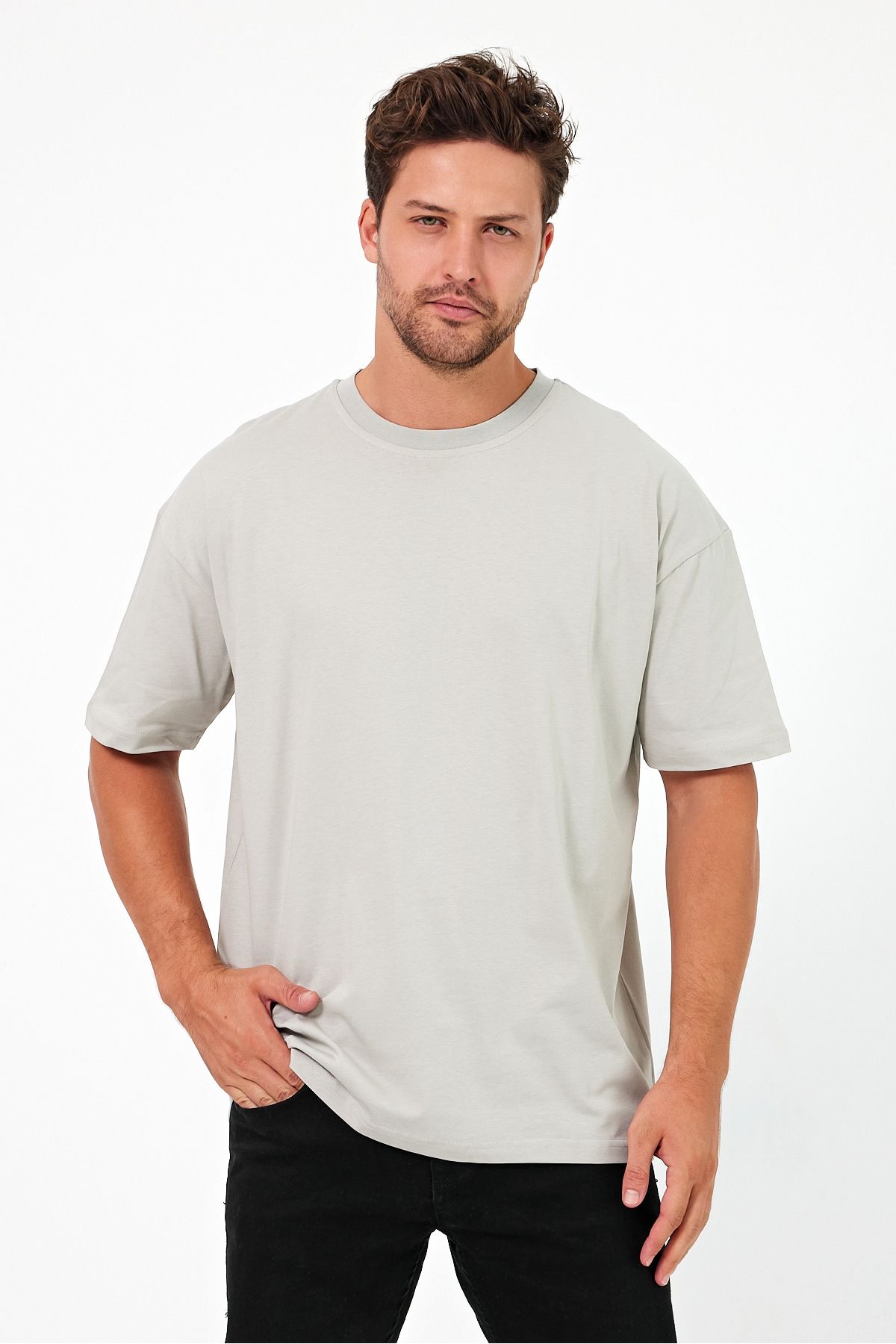 Windy Island Erkek Gri Bisiklet Yaka Basic Oversize T-shirt