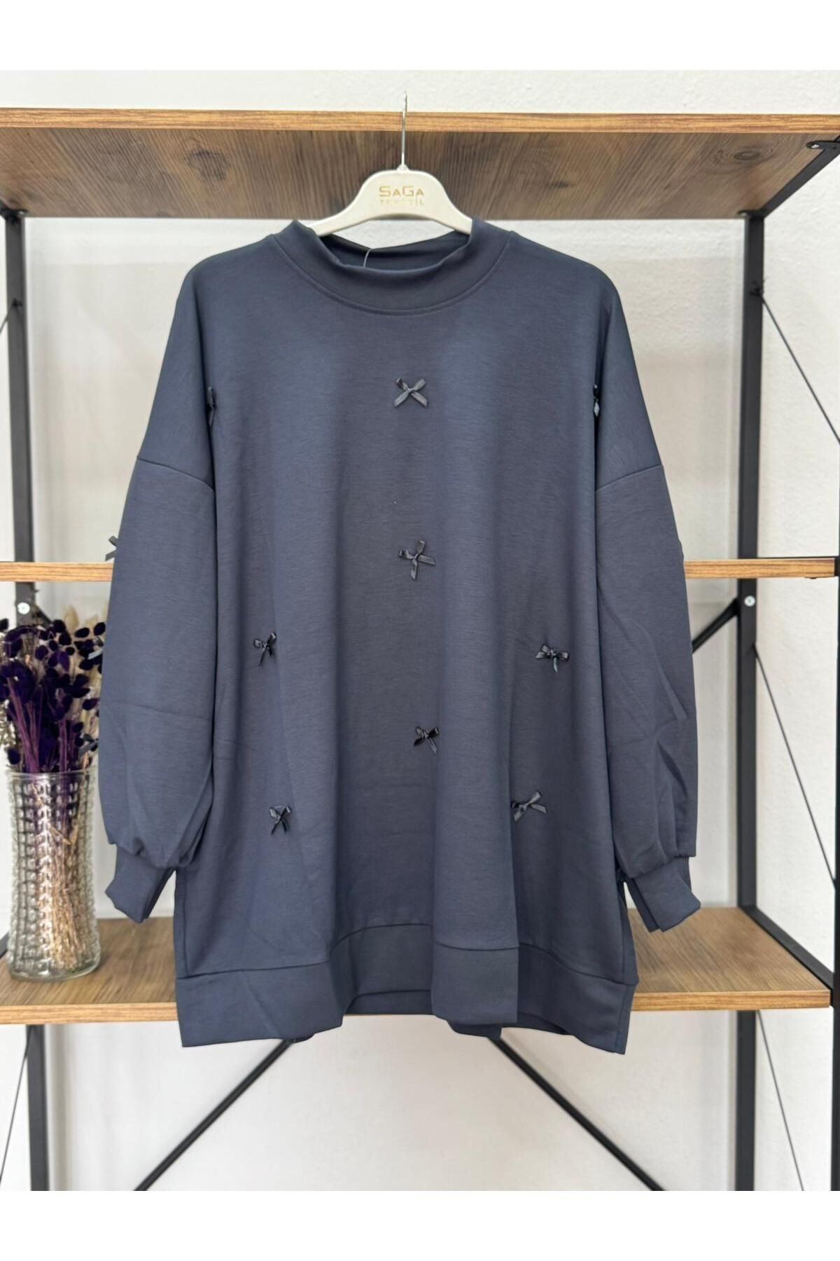 ÖZNE BUTİK Kadın Oversize Likralı Ribana Yaka Fiyonklu Sweet