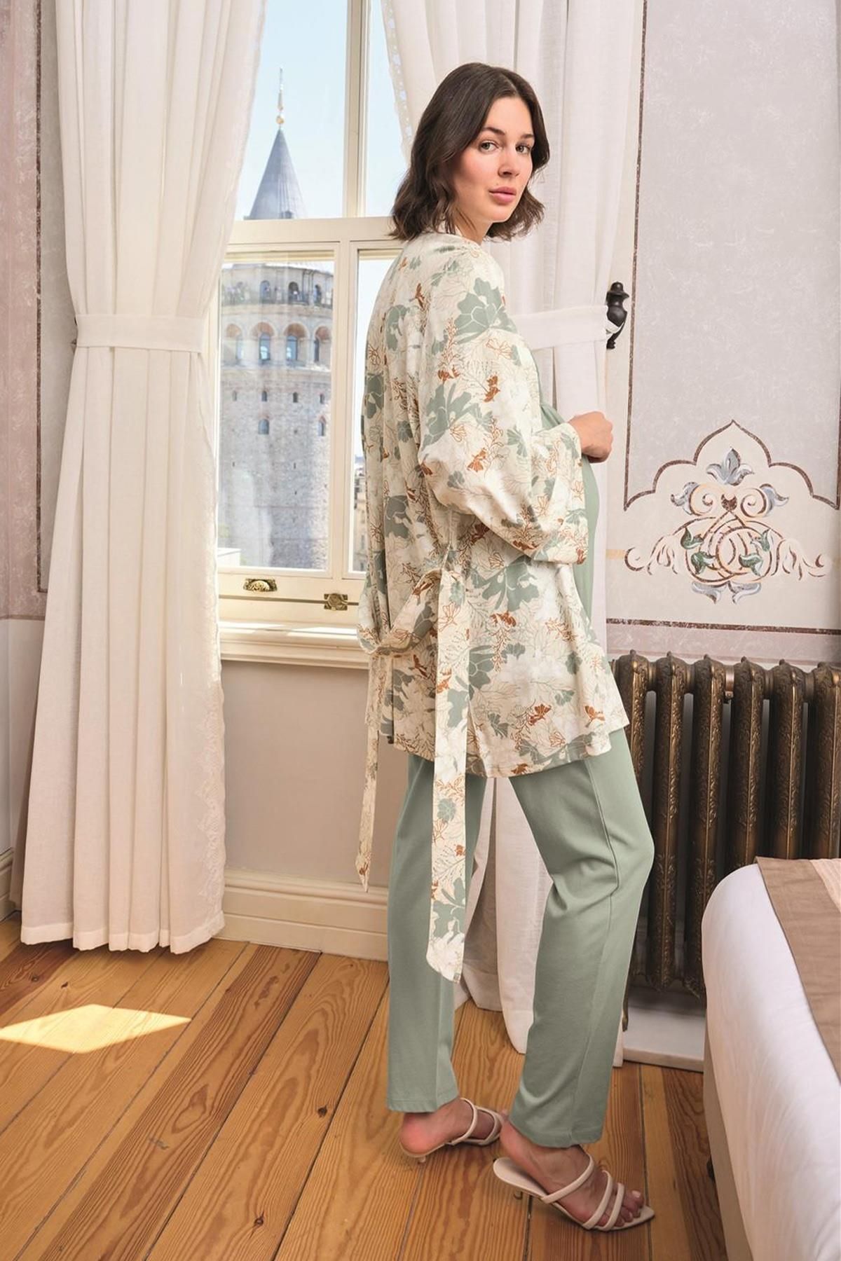 Lohussa-Monamise Women's Special Designflower and Leaf Pattern Lace Pregnant Maternity 3 Piece Pajamas Set 24164 5