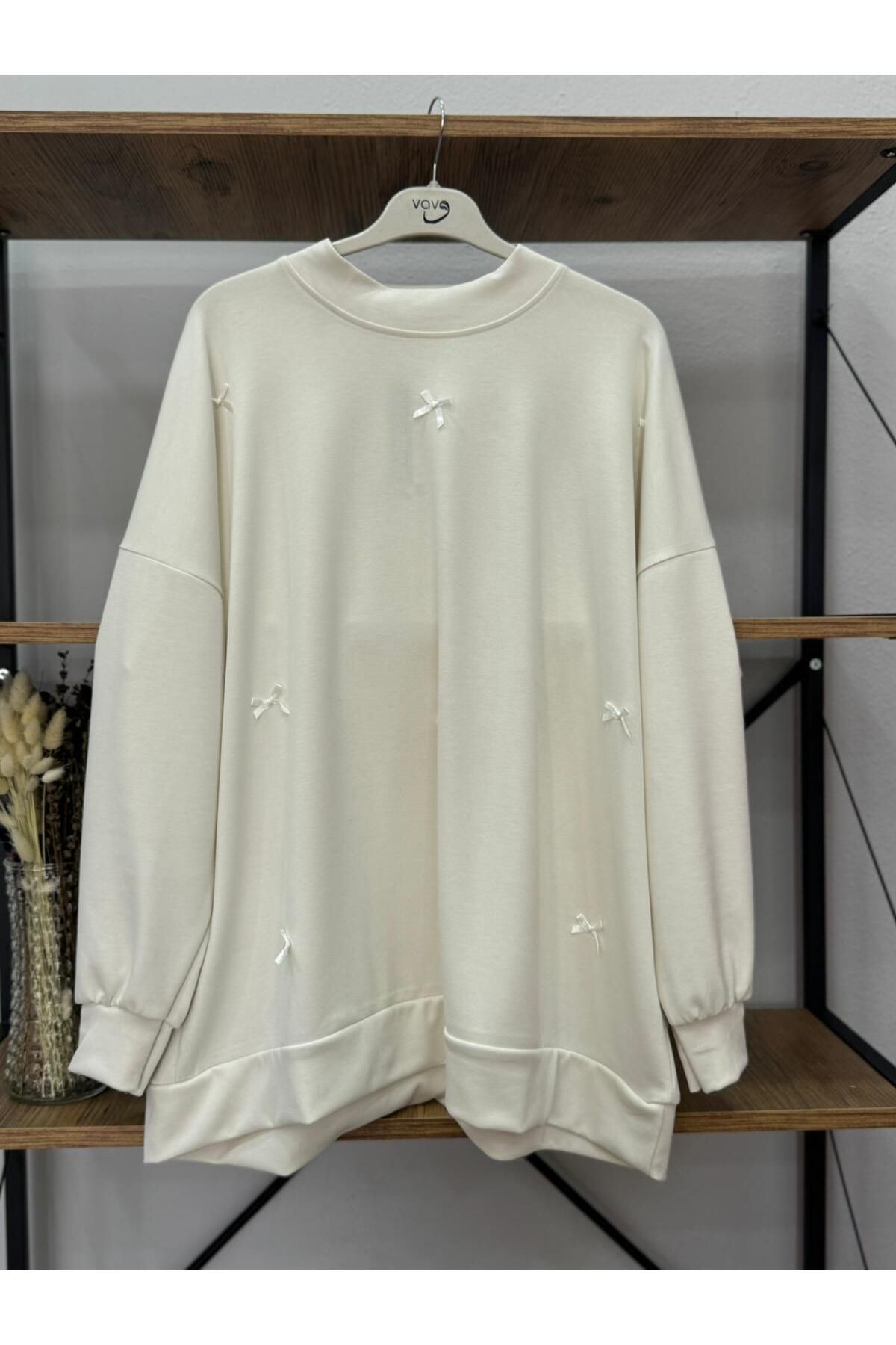 ÖZNE BUTİK Kadın Oversize Likralı Ribana Yaka Fiyonklu Sweet