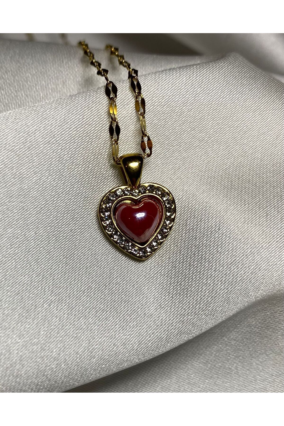 jemilas Çelik Pembe Taşlı Kalp Figürlü Gold Kolye (Kutulu)