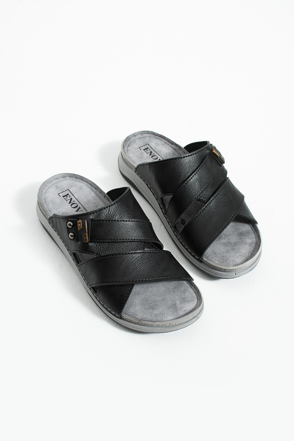 Enova-Men's Leather (Artificial) Orthopedic Double Mounted Sole Buckle Stitched Stylish Home and Outdoor Men's Slippers 3