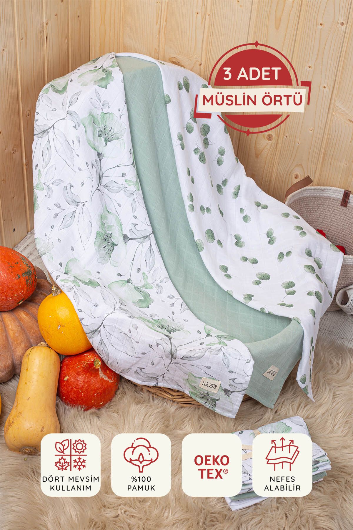 Dijital Baskılı 3'lü Müslin Örtü Seti - 75x75 Cm - Zt5000
