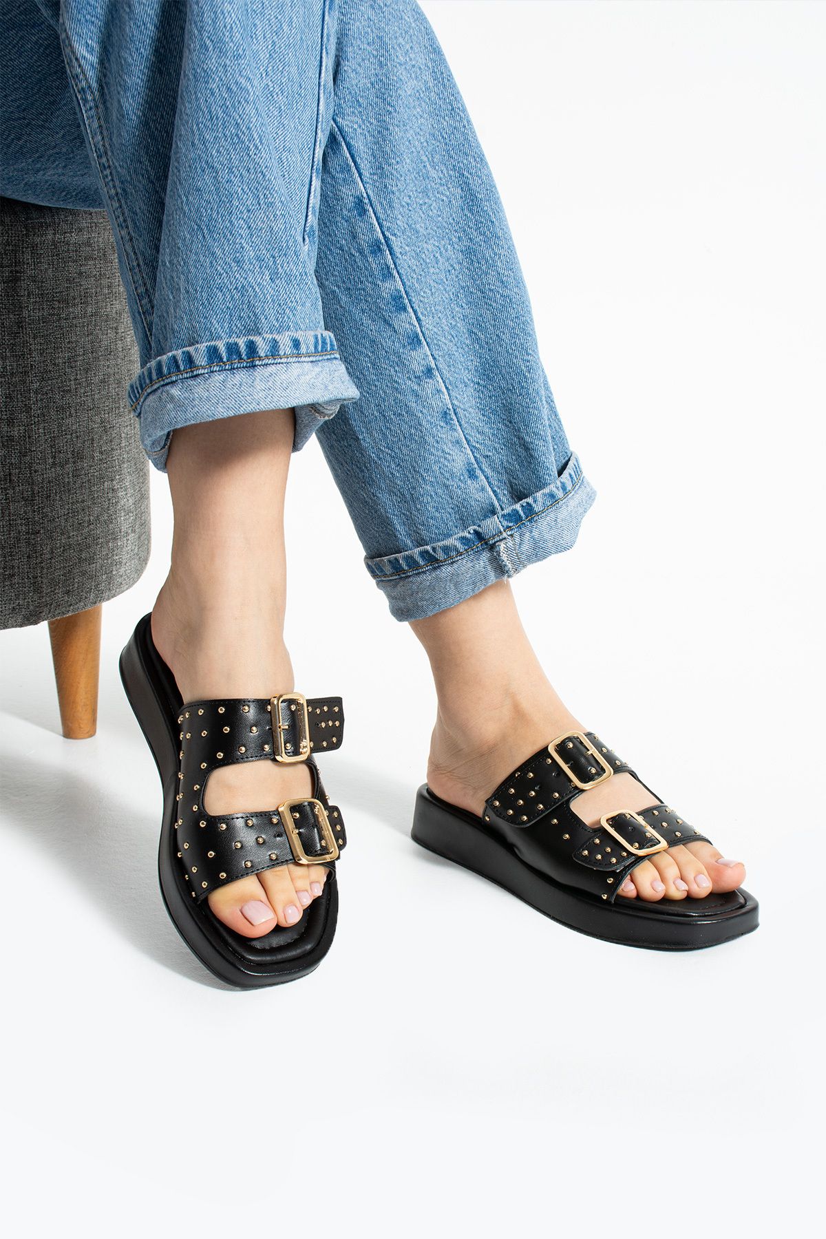 Gökçe Shoes Romana Siyah Trok Detay Kemerli Kadın Terlik