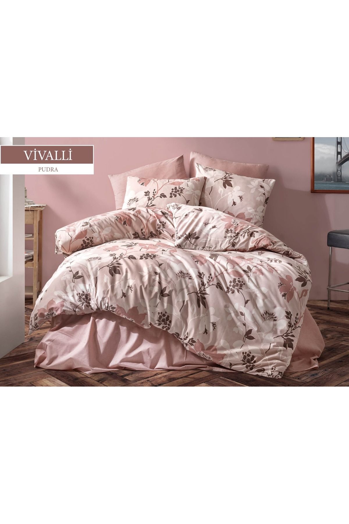 JOLLY HOME Pudra Pembe Çift Kişilik Nevresim Takımı - Çiçek Desenli & Şık Nevresim Seti