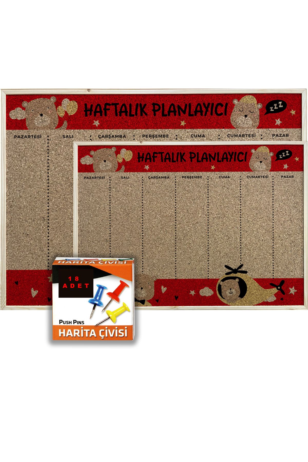 AND Mantar Pano Haftalık Planlayıcı Ahşap Çerçeveli 60x90 Cm + Harita Çivisi