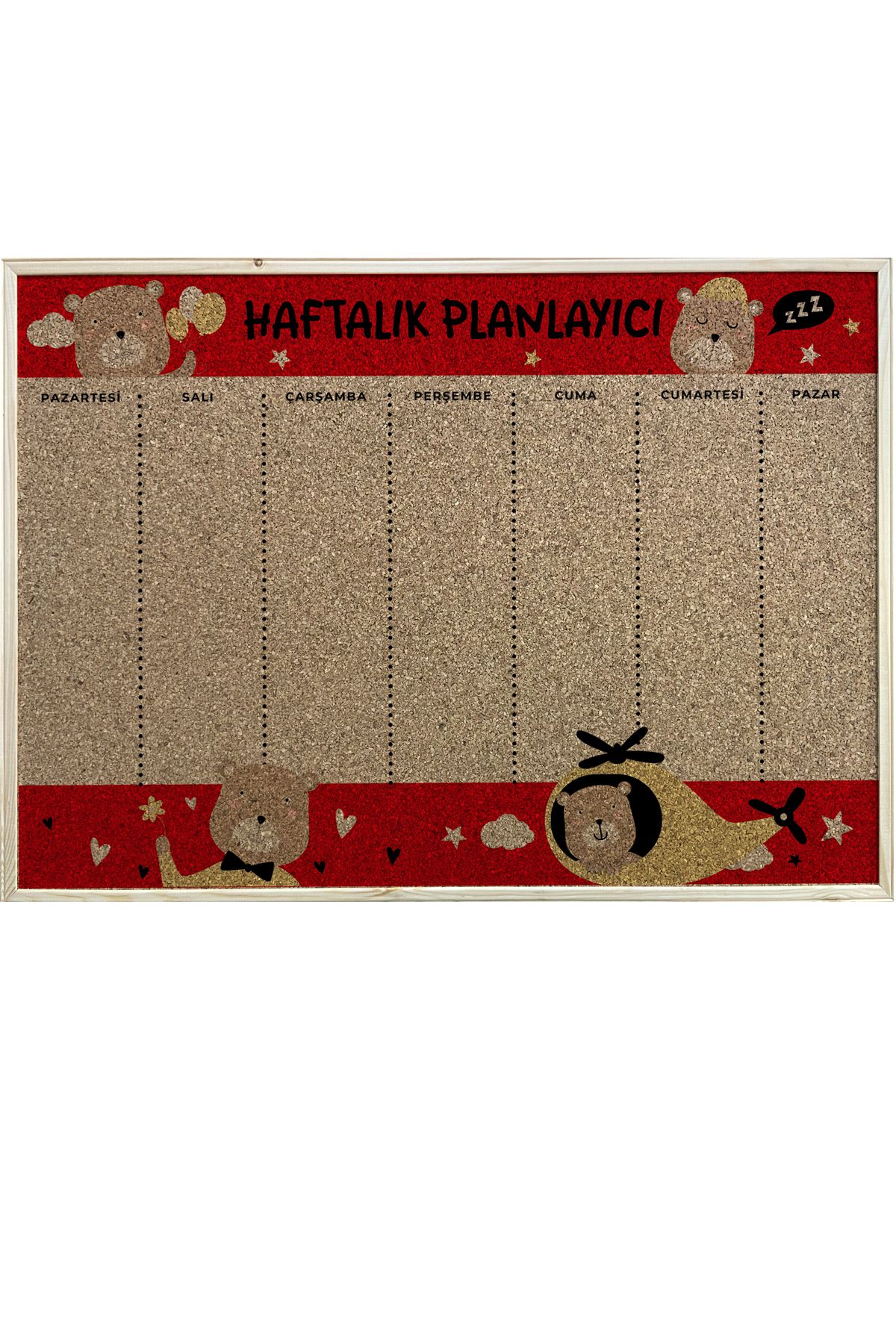 AND Mantar Pano Haftalık Planlayıcı Ahşap Çerçeveli 45x60 Cm + Harita Çivisi