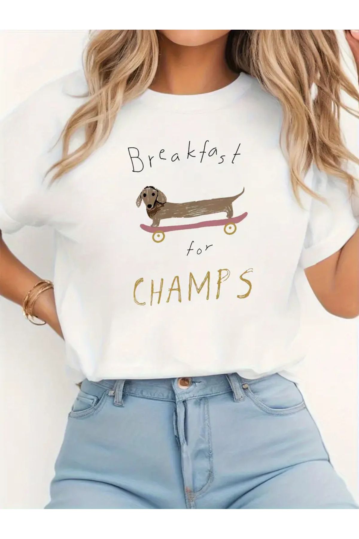 AEMİ Unisex BREAKFAST FOR CHAMPS Baskılı %100 Pamuk Oversize T-shirt