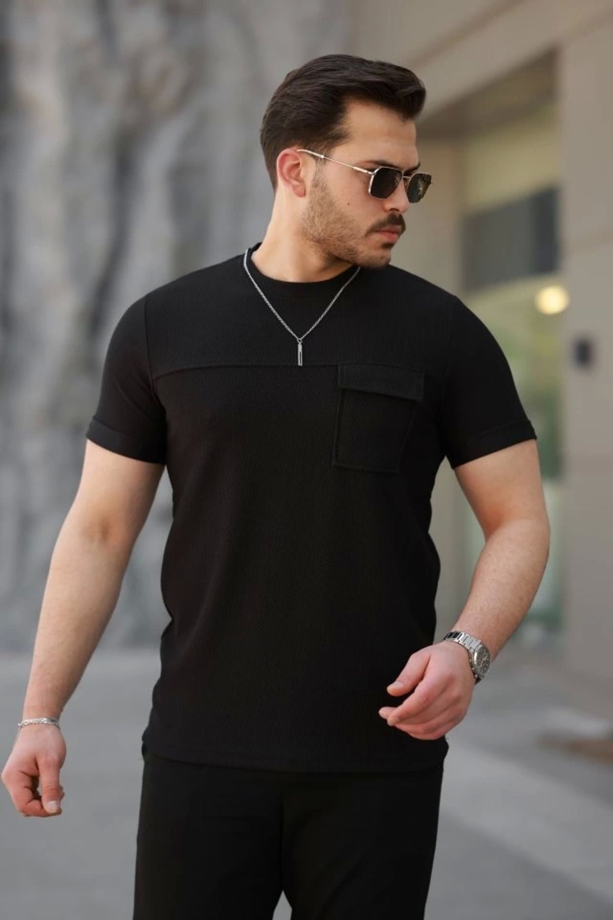 Kaplan Erkek Cepli Kolyeli Kısa Kollu örme Kumaş T-shirt