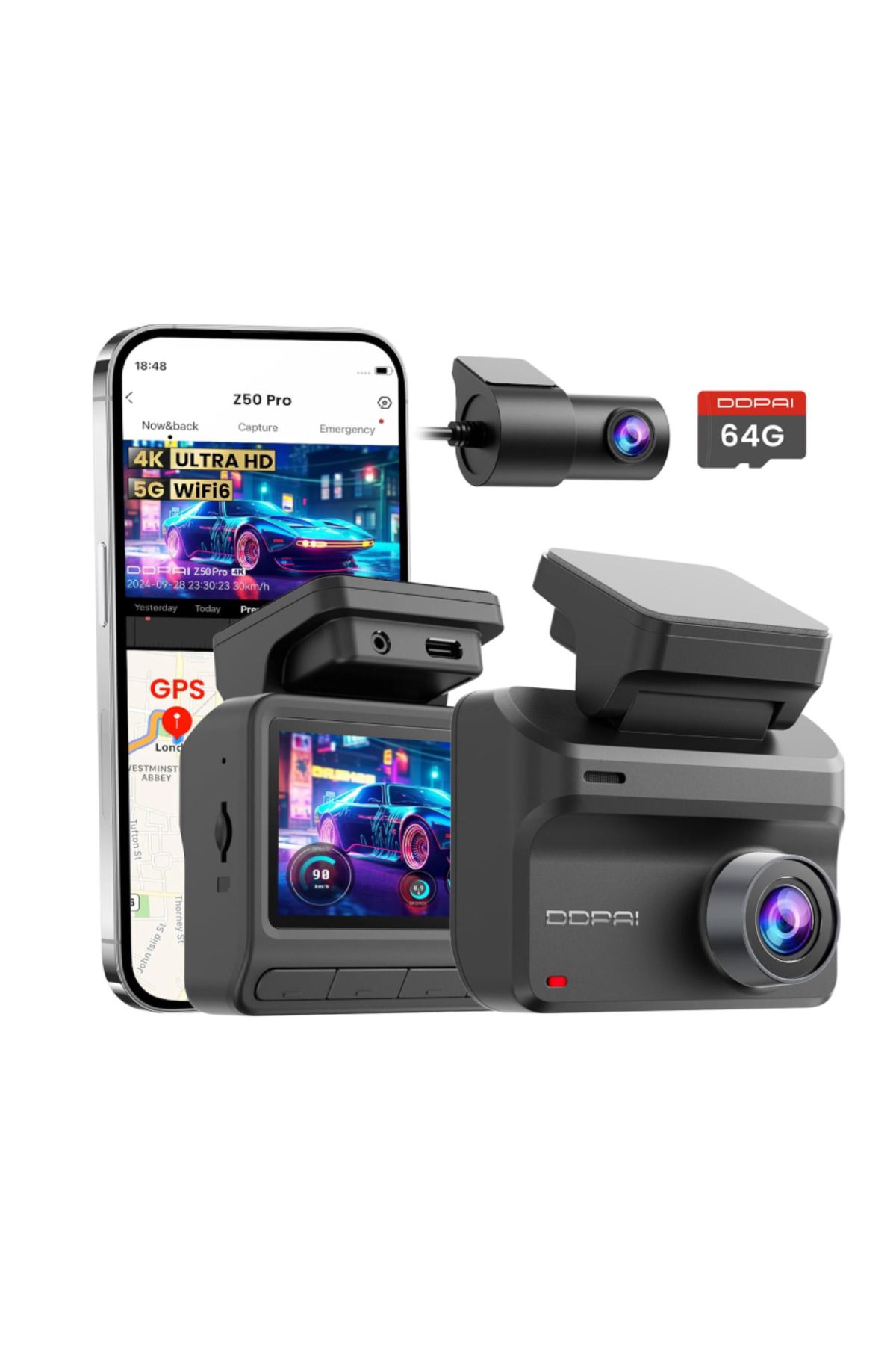 DDPAI 4K Ön ve Arka Dash Kamera, UHD 2160P+1080P Dash Kamera, 64 GB Kart Dahil, 5G 6 GPS, 3'' IPS Ekran