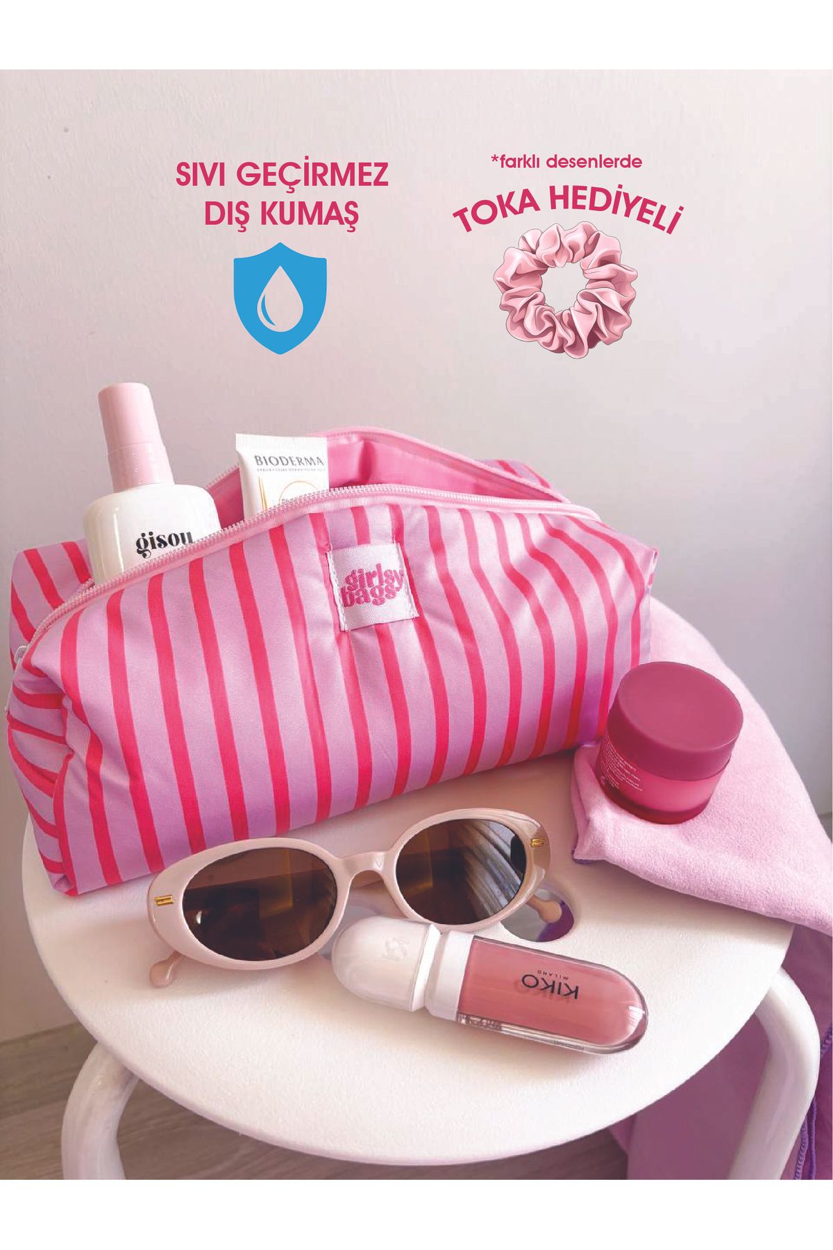 girlsybags Pembe Çizgili Sıvı Geçirmez Makyaj Çantası Plaj Havuz Kozmetik Çantası Yıkanabilir Büyük Boy