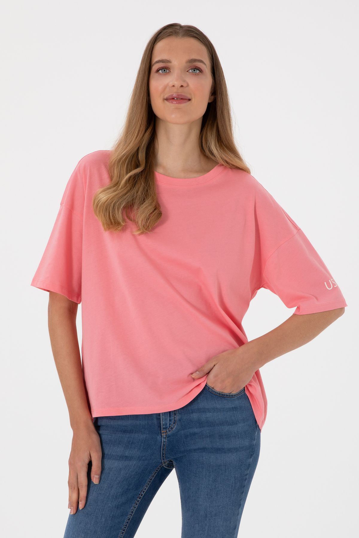 U.S. Polo Assn. Kadın Pembe Oversize Bisiklet Yaka Tişört 50305775-VR041